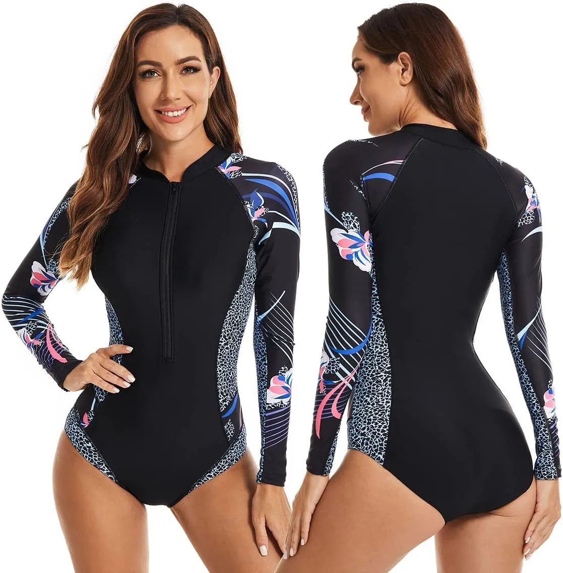 LafyKoly Women's One Piece Long Sleeve Rash Guard UV Protection Printed Surfing Swimsuit Swimwear Bathing Suit