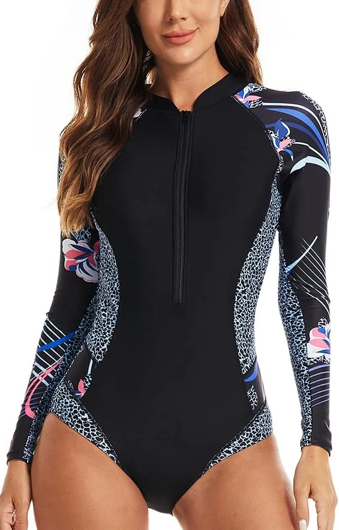 LafyKoly Women's One Piece Long Sleeve Rash Guard UV Protection Printed Surfing Swimsuit Swimwear Bathing Suit