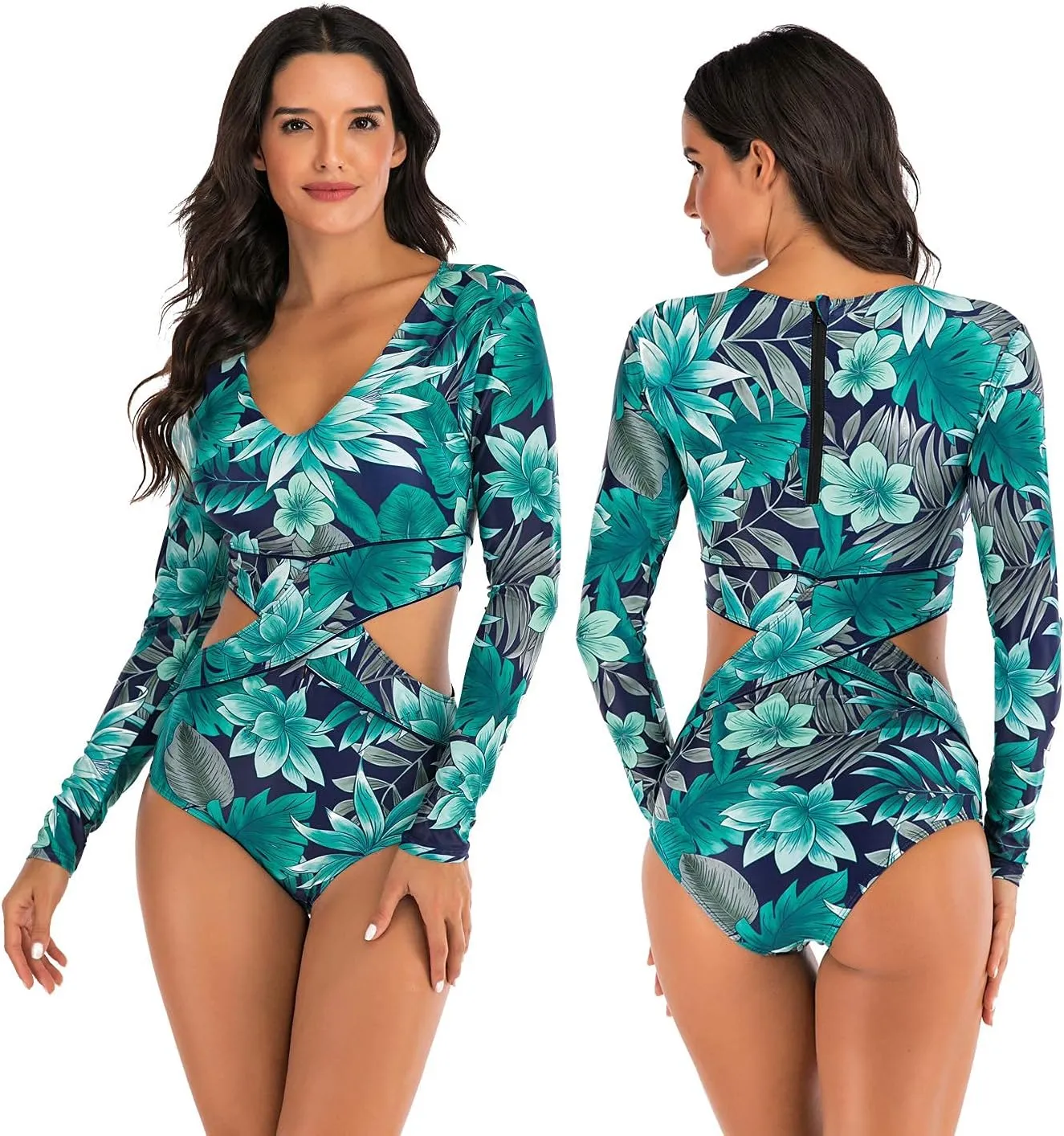 LafyKoly Women's One Piece Long Sleeve Rash Guard UV Protection Printed Surfing Swimsuit Swimwear Bathing Suit