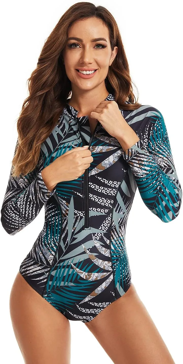 LafyKoly Women's One Piece Long Sleeve Rash Guard UV Protection Printed Surfing Swimsuit Swimwear Bathing Suit