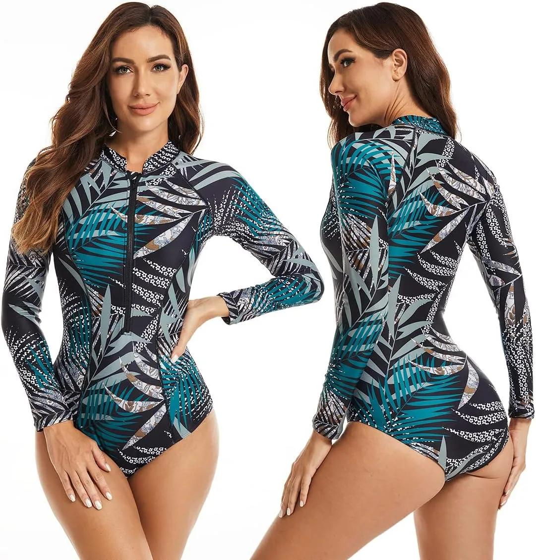 LafyKoly Women's One Piece Long Sleeve Rash Guard UV Protection Printed Surfing Swimsuit Swimwear Bathing Suit