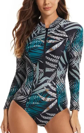 LafyKoly Women's One Piece Long Sleeve Rash Guard UV Protection Printed Surfing Swimsuit Swimwear Bathing Suit