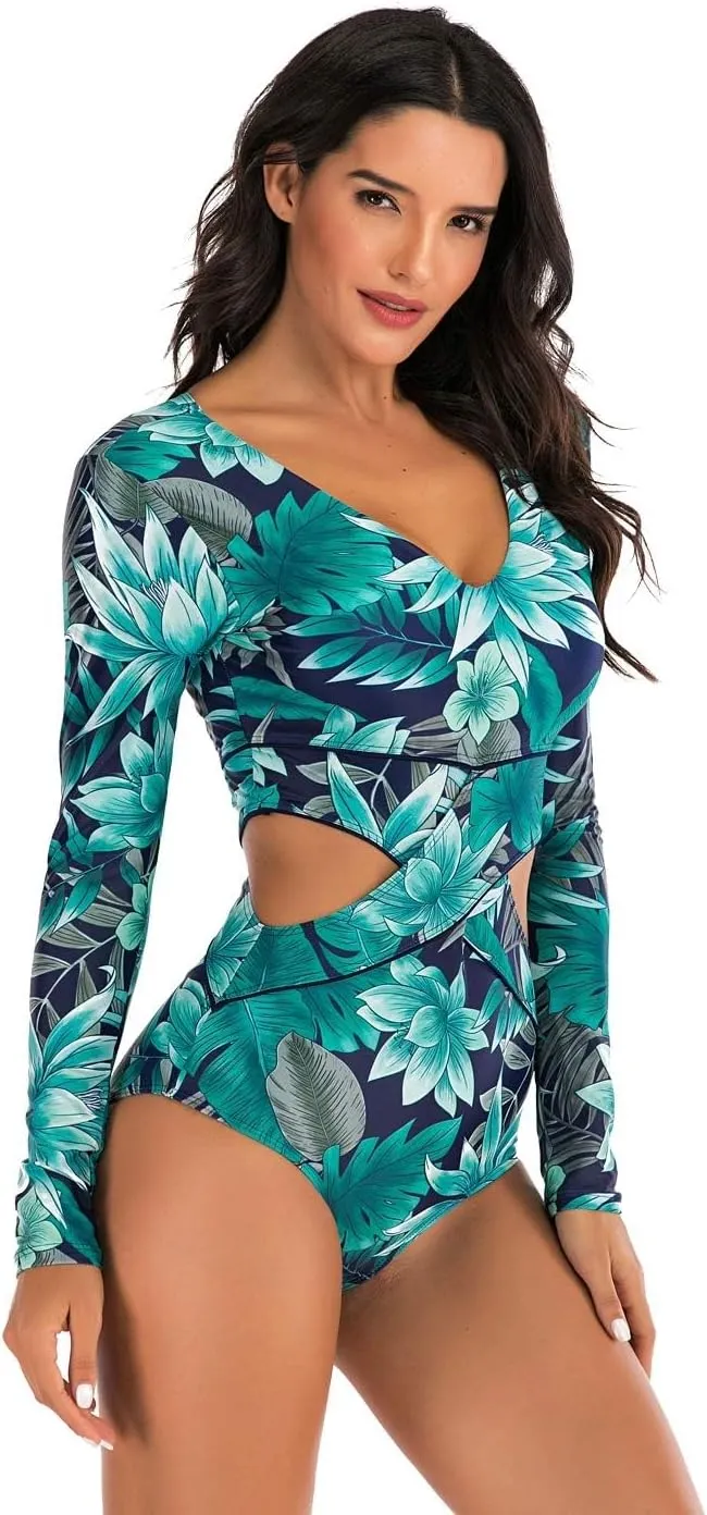 LafyKoly Women's One Piece Long Sleeve Rash Guard UV Protection Printed Surfing Swimsuit Swimwear Bathing Suit