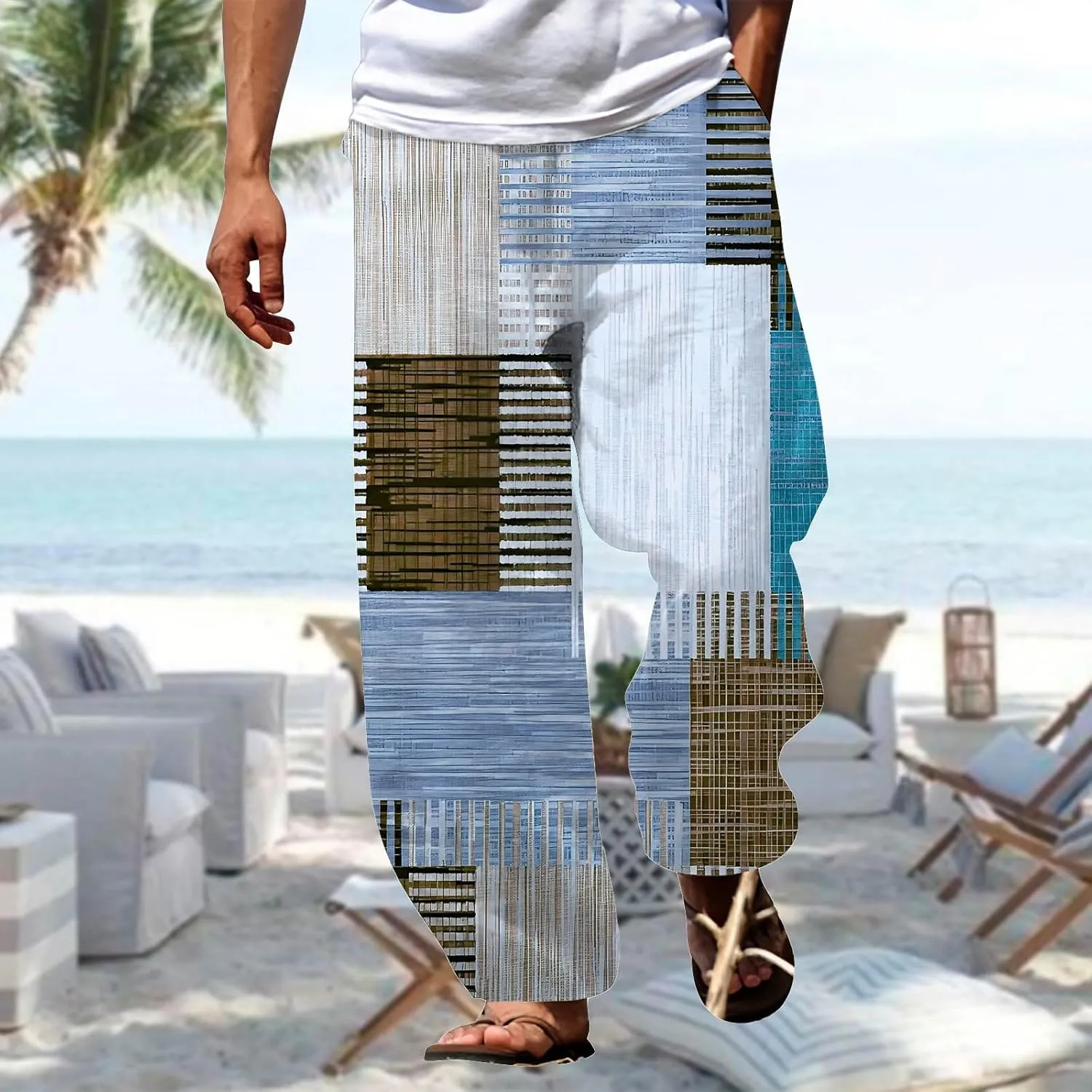 Linen Pants for Men Summer Beach Fashion Trousers with Pockets Casual Lightweight Drawstring Print Wide Leg Pants