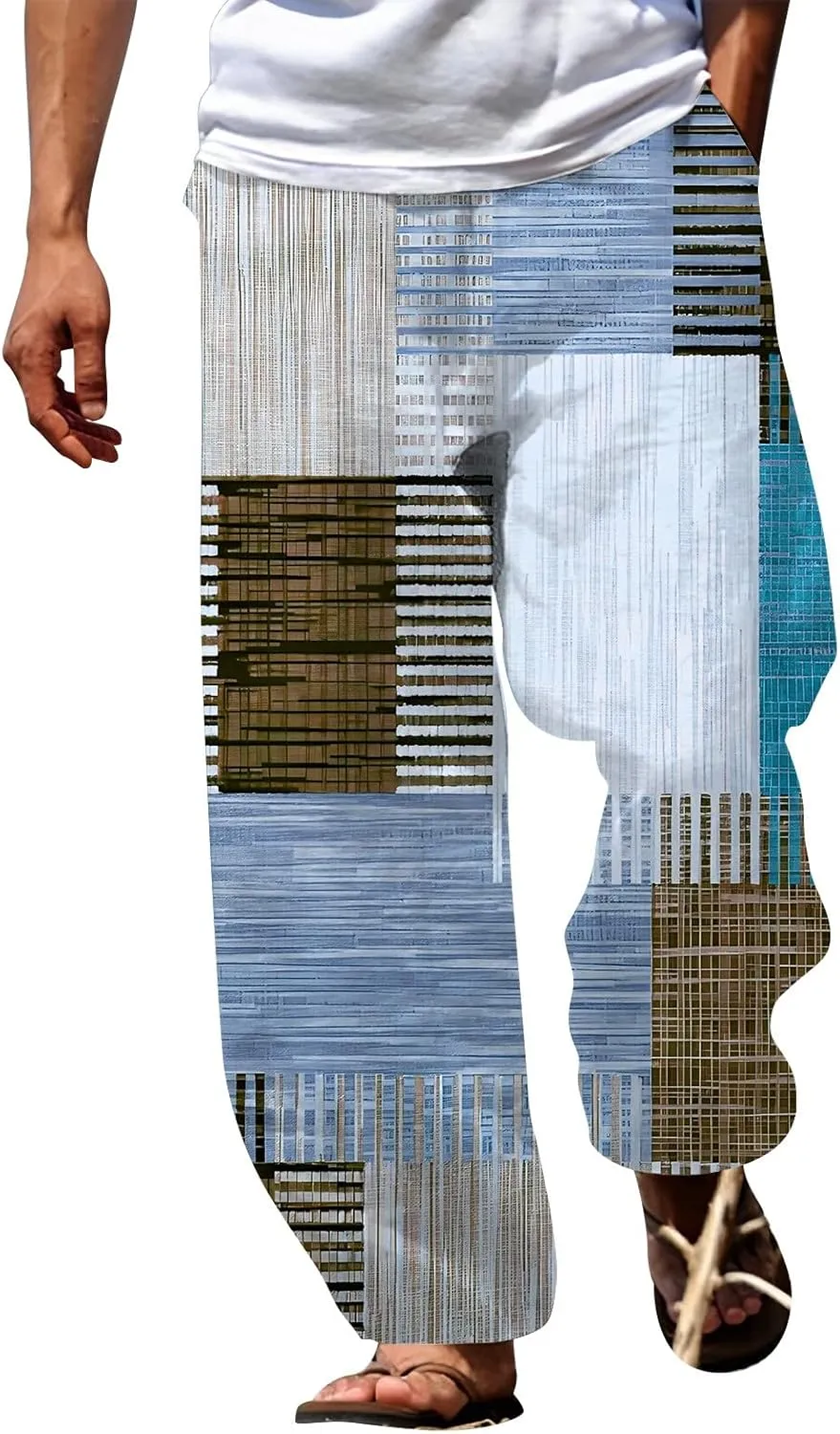 Linen Pants for Men Summer Beach Fashion Trousers with Pockets Casual Lightweight Drawstring Print Wide Leg Pants