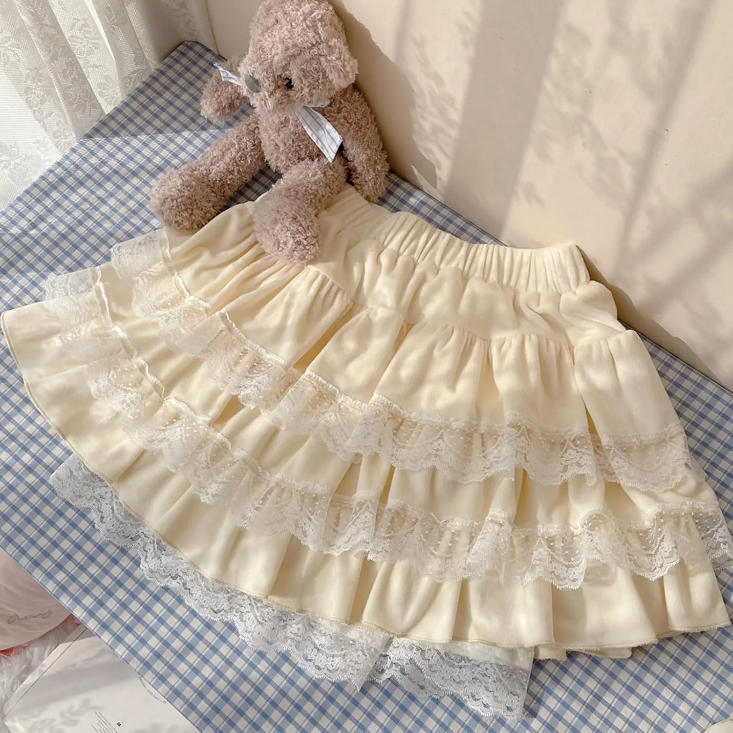 Lolita Fuzzy Skirt with Shorts Teen Girls Mini Kawaii Lace Tiered Ruffle High Waisted Skort Women Fluffy Pleated Skirts