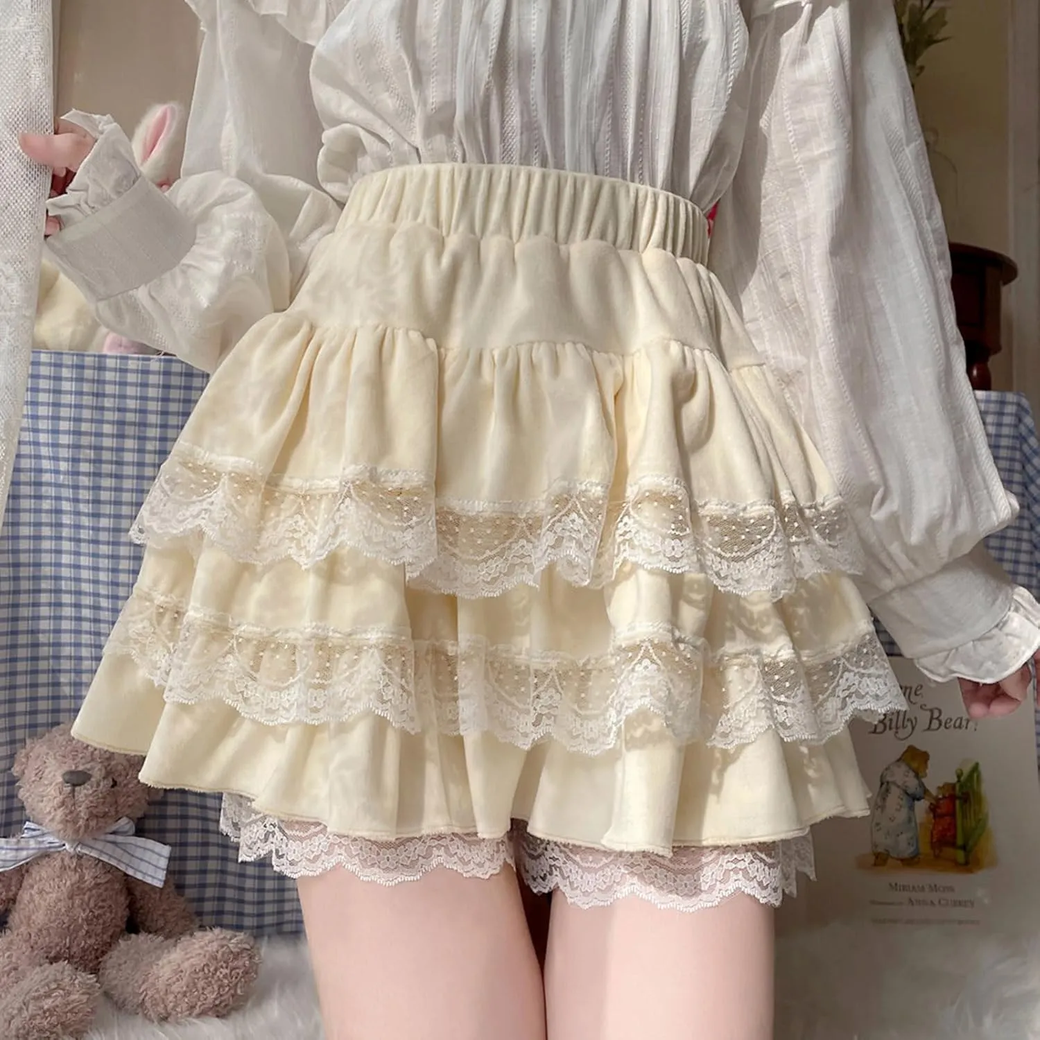 Lolita Fuzzy Skirt with Shorts Teen Girls Mini Kawaii Lace Tiered Ruffle High Waisted Skort Women Fluffy Pleated Skirts