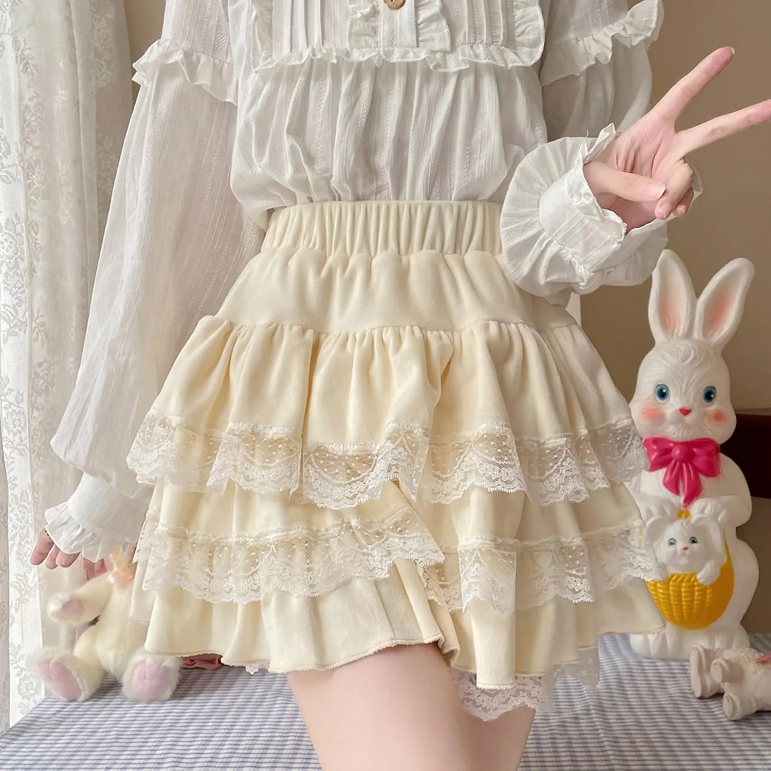 Lolita Fuzzy Skirt with Shorts Teen Girls Mini Kawaii Lace Tiered Ruffle High Waisted Skort Women Fluffy Pleated Skirts