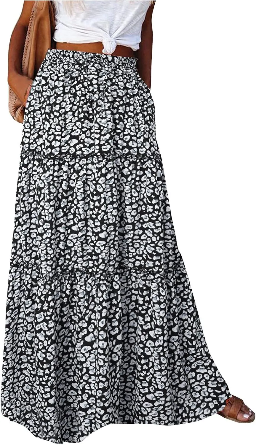Long Skirts for Women Summer A-Line Flowy Swing Maxi Ruffle Tiered Skirt Beach Vacation Clothes