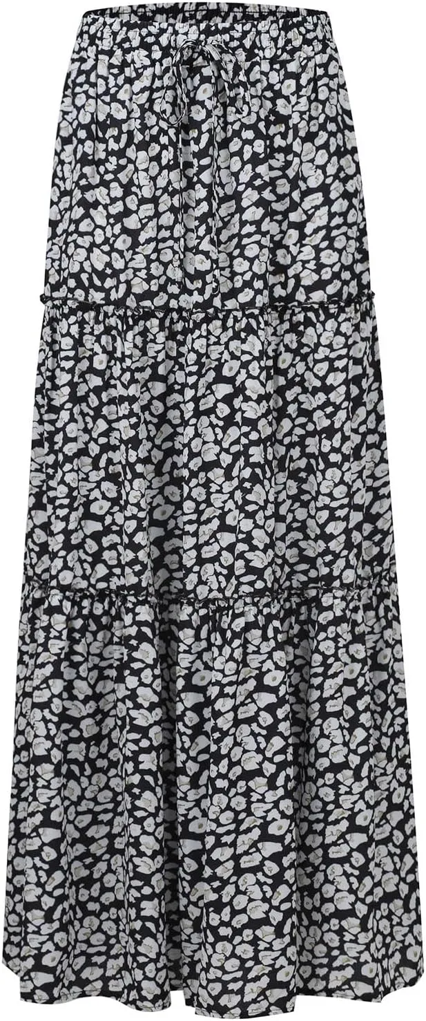 Long Skirts for Women Summer A-Line Flowy Swing Maxi Ruffle Tiered Skirt Beach Vacation Clothes