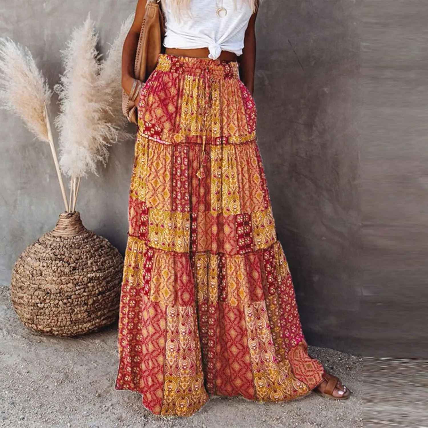 Long Skirts for Women Summer A-Line Flowy Swing Maxi Ruffle Tiered Skirt Beach Vacation Clothes