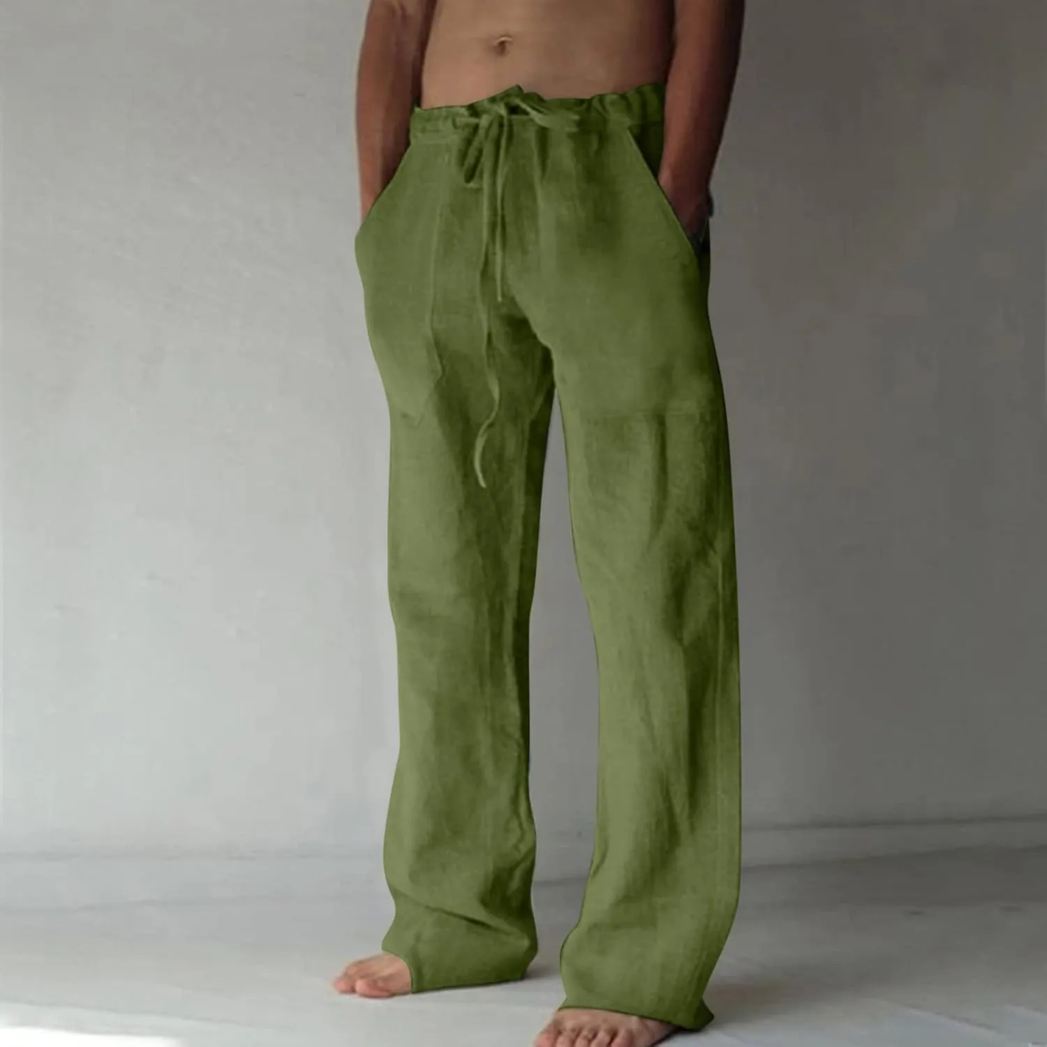 Mens Lightweight Pants Casual Stylish Cotton Linen Loose Trouser Summer Drawstring Elastic Waist Beach Sweatpants