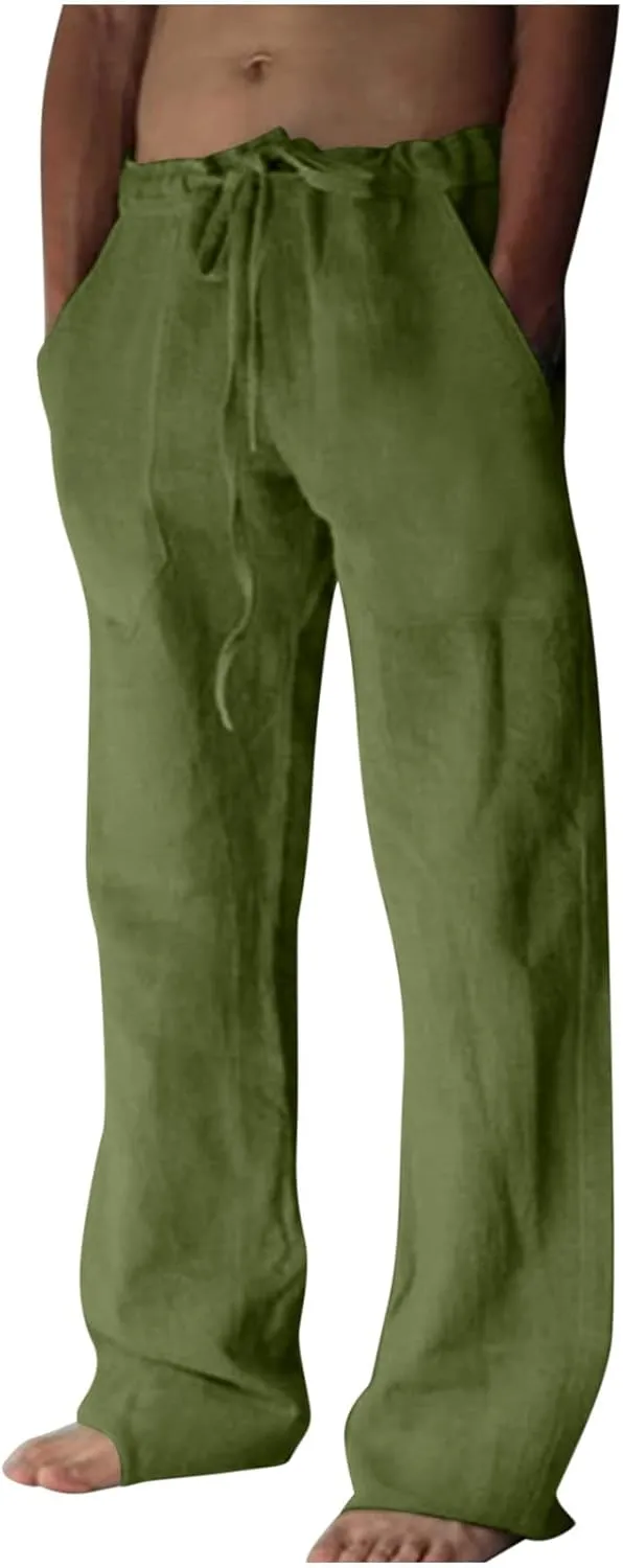 Mens Lightweight Pants Casual Stylish Cotton Linen Loose Trouser Summer Drawstring Elastic Waist Beach Sweatpants