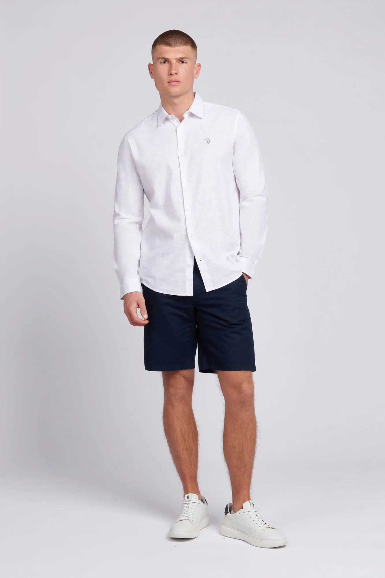 Mens Linen Blend Shirt in White / Harbour Mist DHM