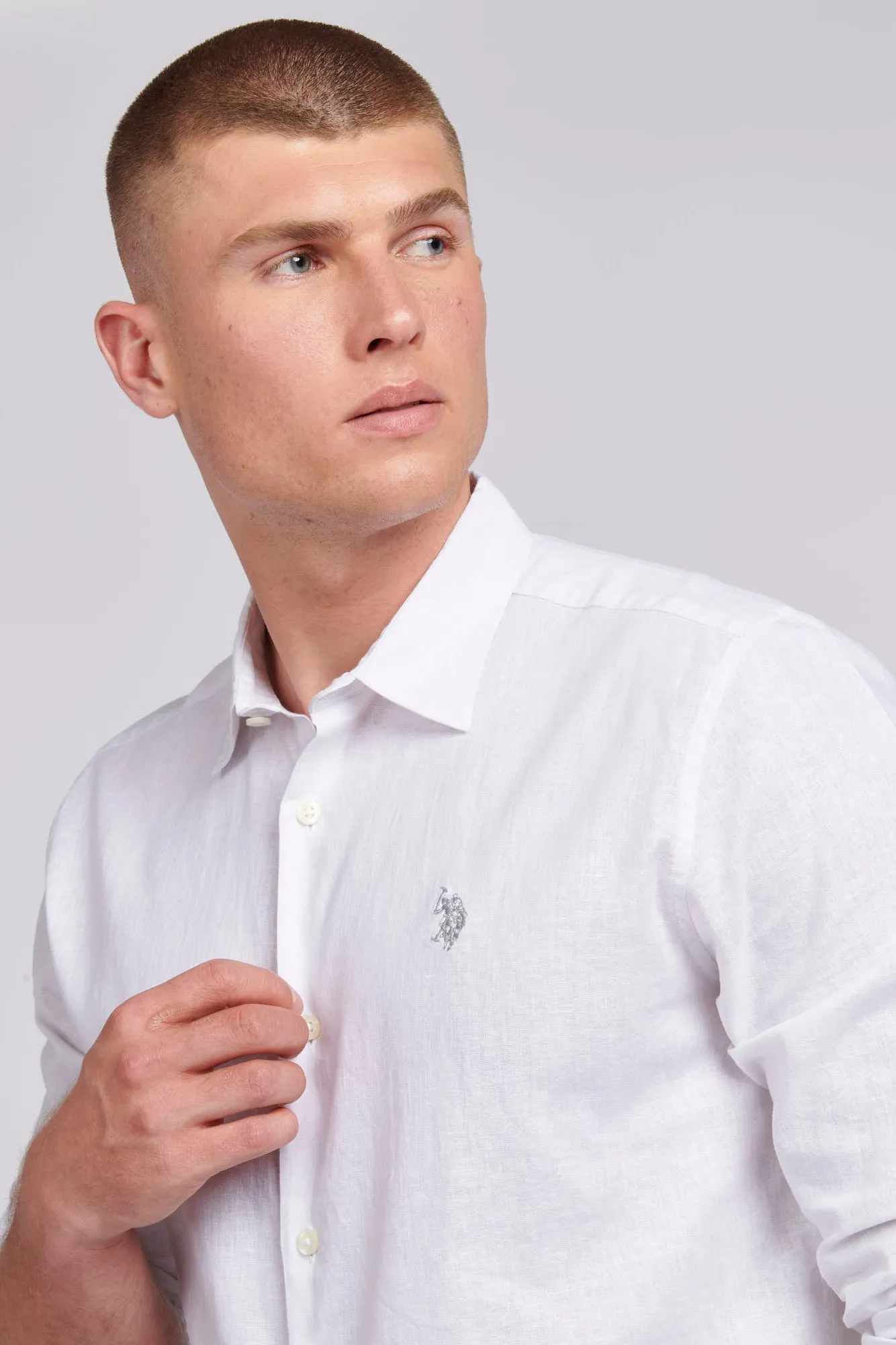 Mens Linen Blend Shirt in White / Harbour Mist DHM