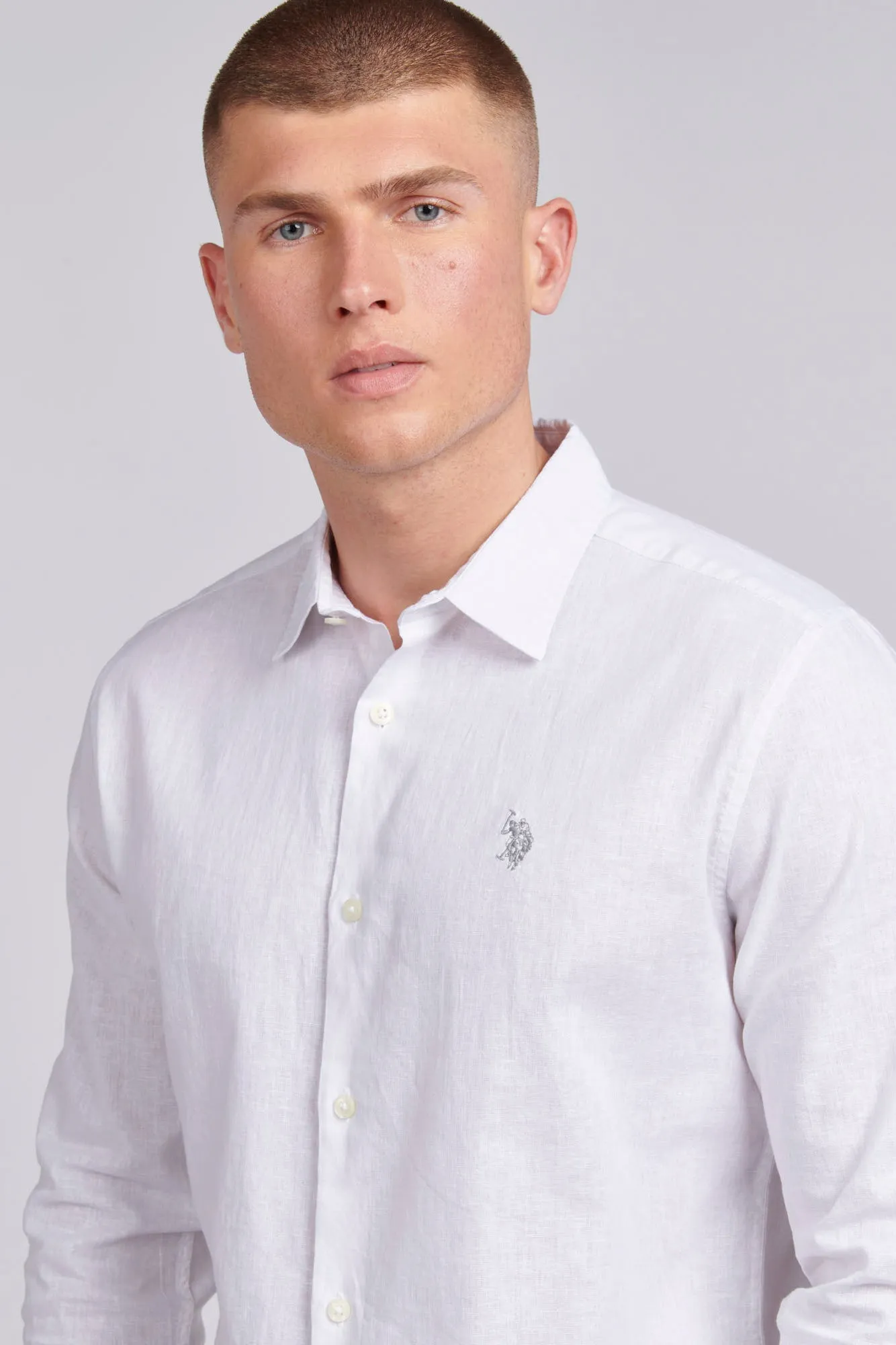 Mens Linen Blend Shirt in White / Harbour Mist DHM
