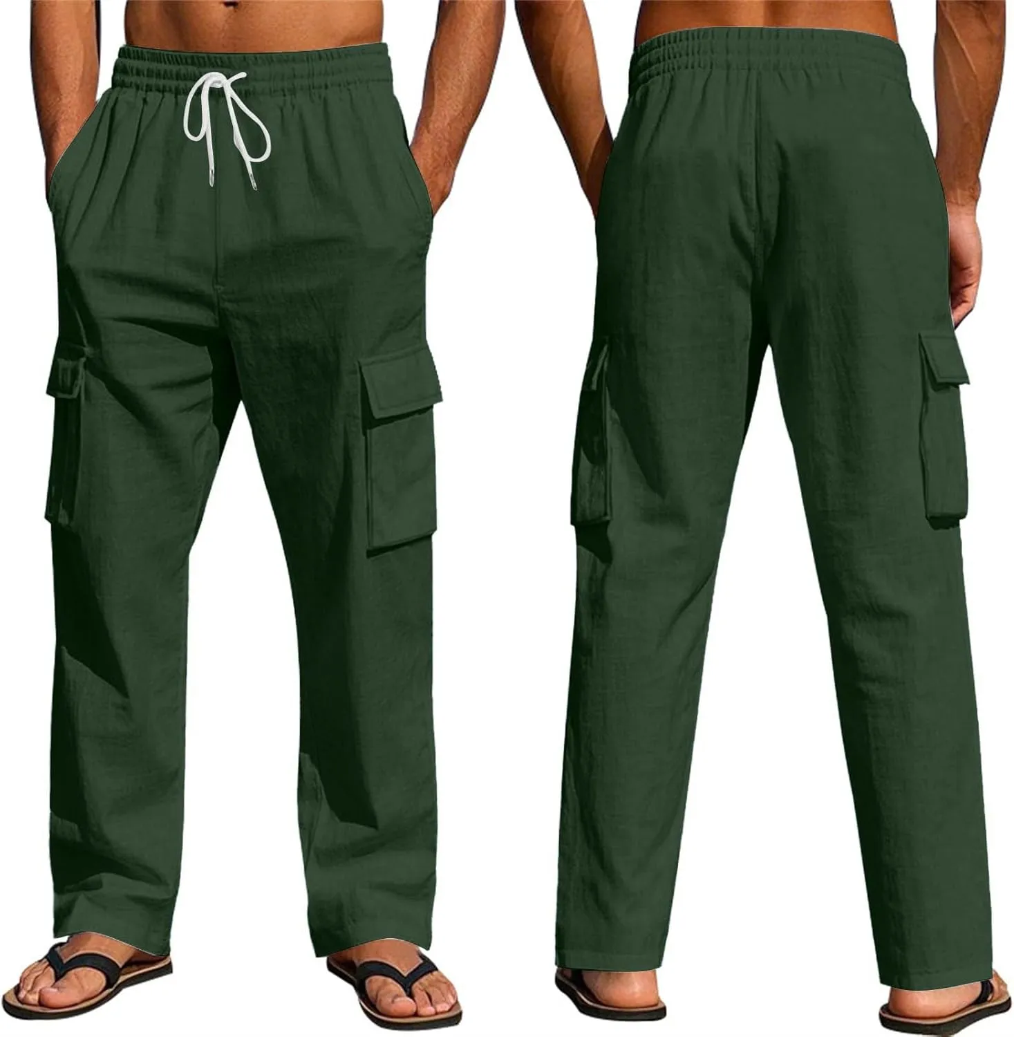 Mens Linen Cargo Pants Summer Vacation Lightweight Drawstring Pant with Pockets Elastic Waist Beach Yoga Trousers