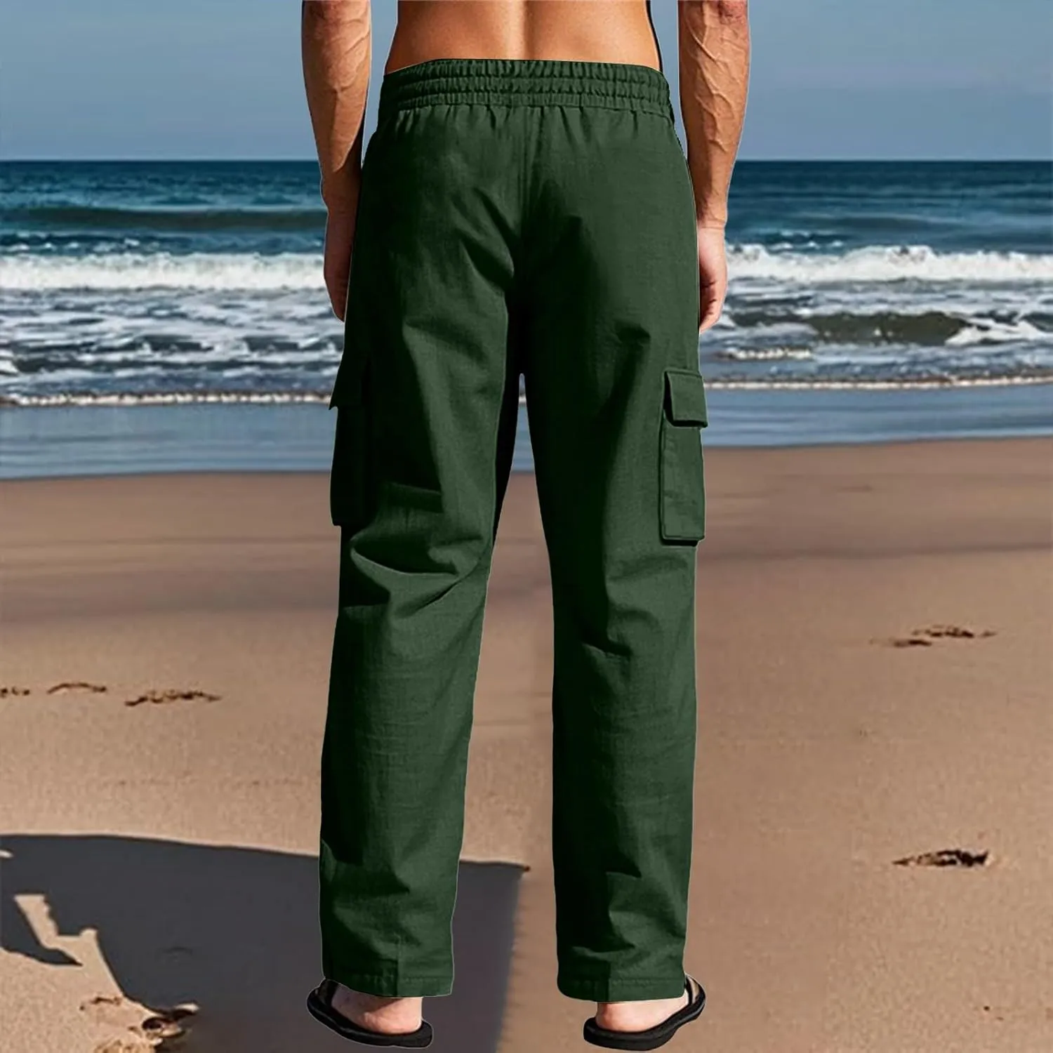 Mens Linen Cargo Pants Summer Vacation Lightweight Drawstring Pant with Pockets Elastic Waist Beach Yoga Trousers