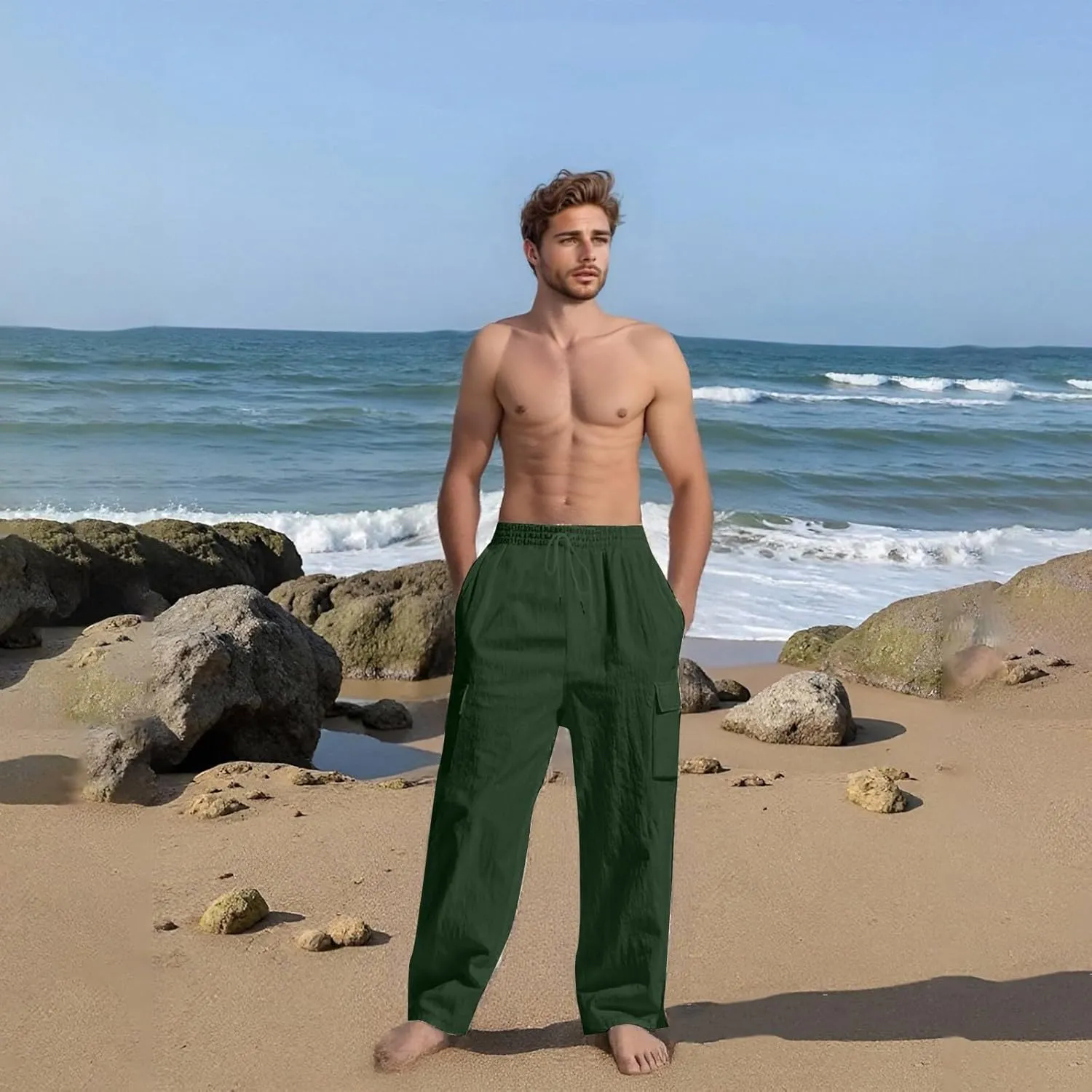 Mens Linen Cargo Pants Summer Vacation Lightweight Drawstring Pant with Pockets Elastic Waist Beach Yoga Trousers