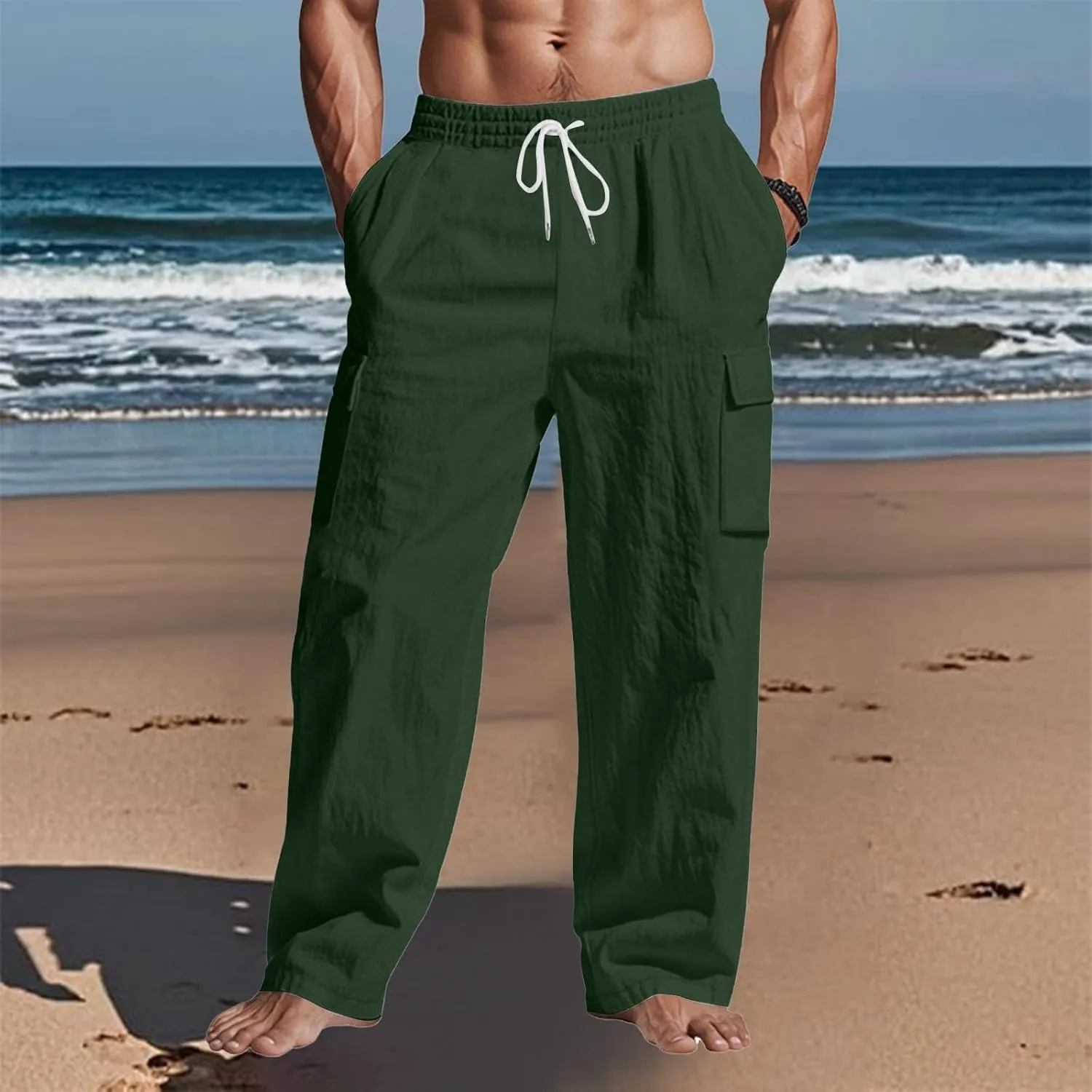 Mens Linen Cargo Pants Summer Vacation Lightweight Drawstring Pant with Pockets Elastic Waist Beach Yoga Trousers