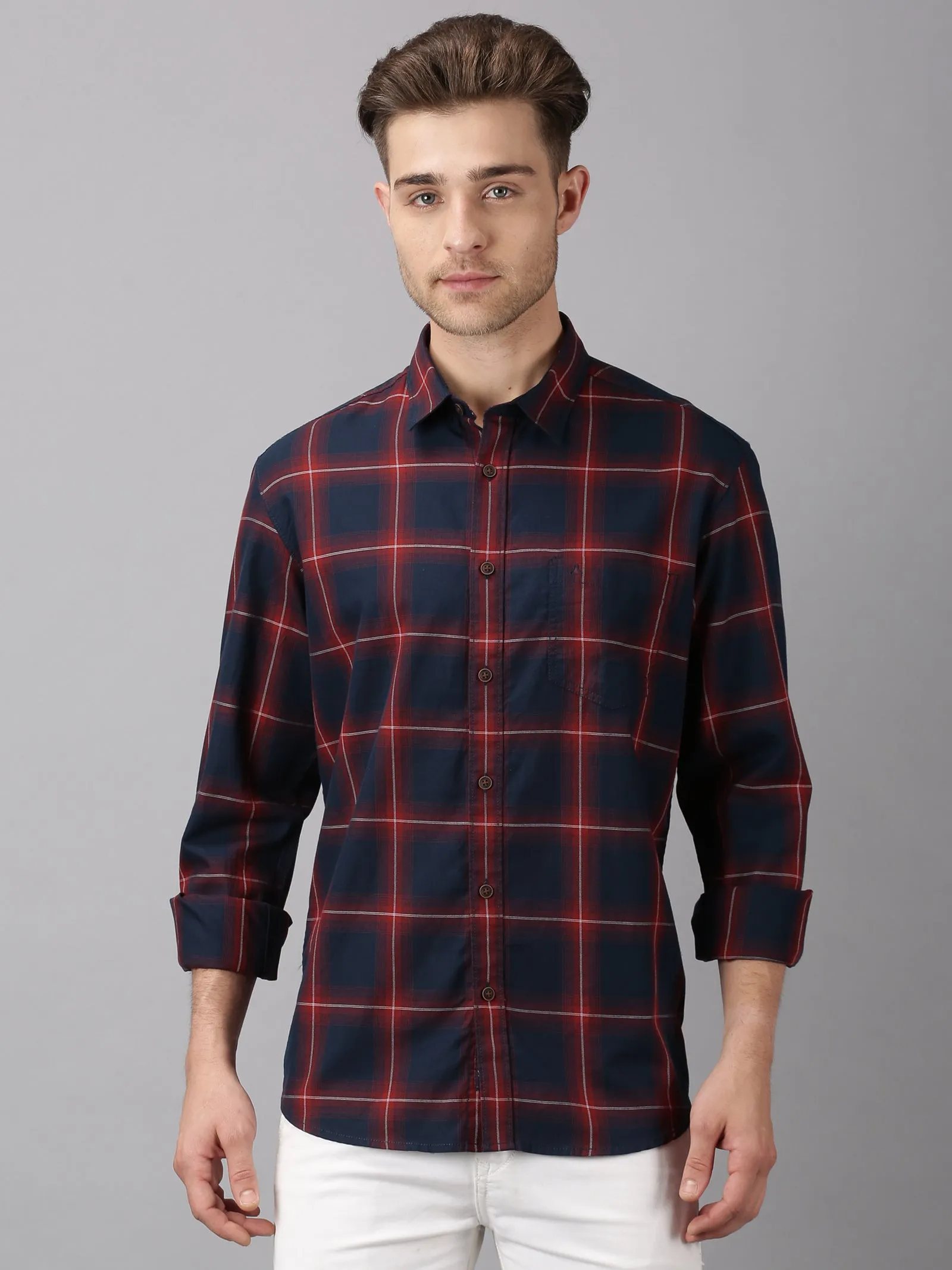 MEN'S NAVY CHECK SLIM FIT SHIRT