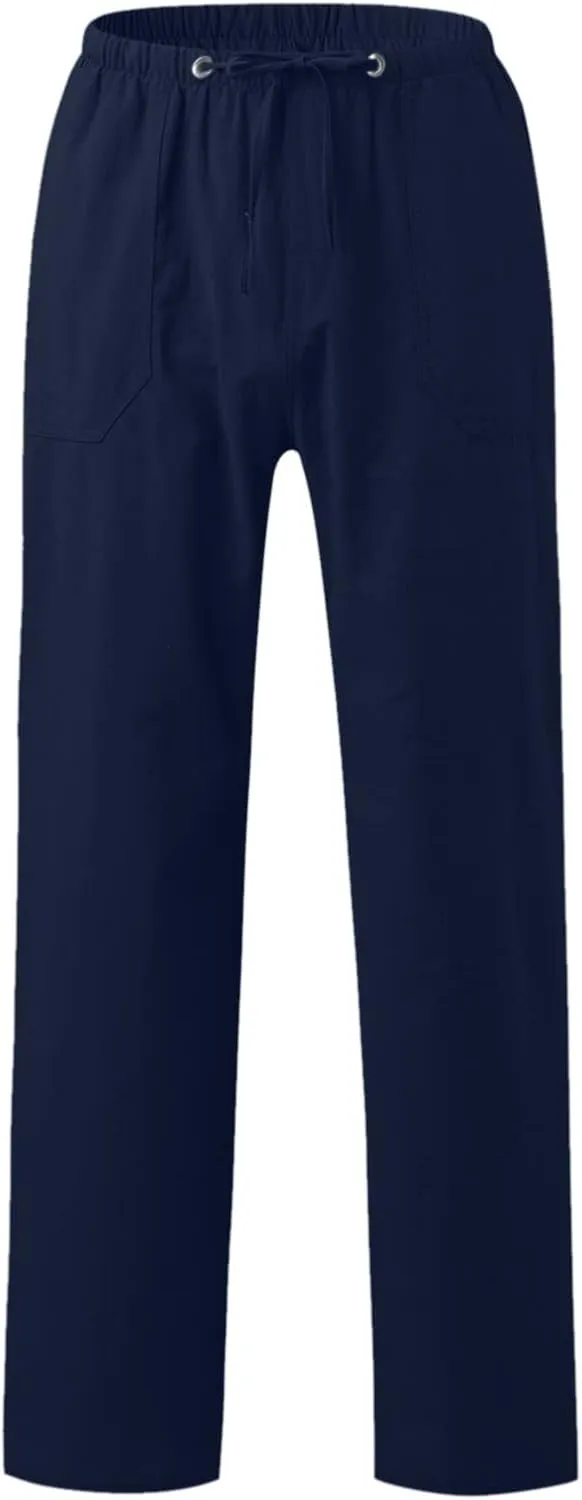Mens Summer Straight Leg Long Pants Casual Baggy Elastic Waist Wide Leg Trousers Solid Lightweight Comfort Pants