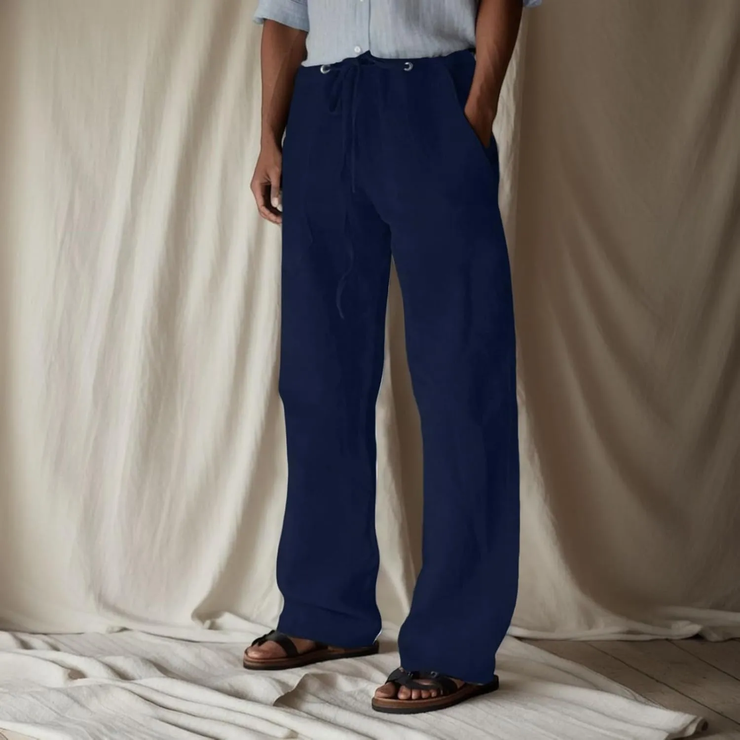 Mens Summer Straight Leg Long Pants Casual Baggy Elastic Waist Wide Leg Trousers Solid Lightweight Comfort Pants