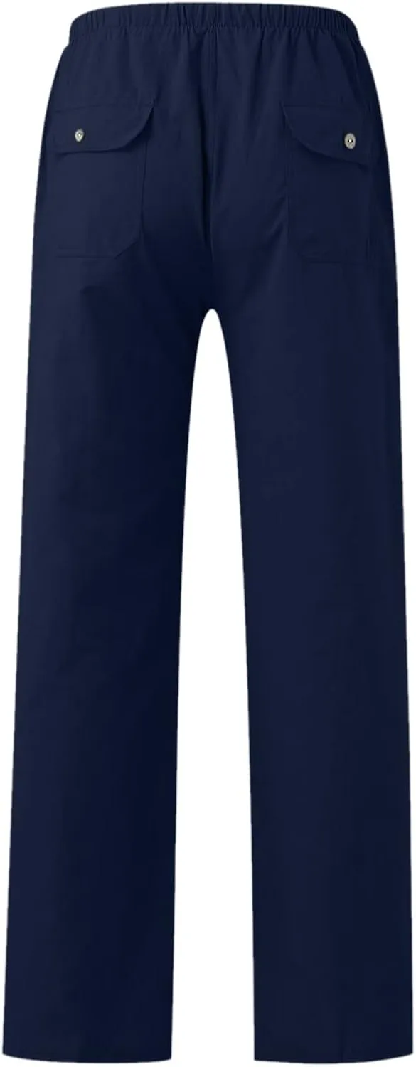 Mens Summer Straight Leg Long Pants Casual Baggy Elastic Waist Wide Leg Trousers Solid Lightweight Comfort Pants