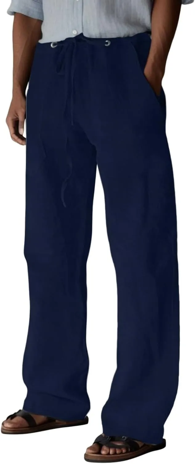 Mens Summer Straight Leg Long Pants Casual Baggy Elastic Waist Wide Leg Trousers Solid Lightweight Comfort Pants