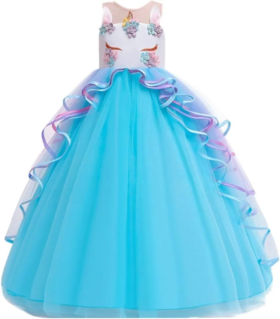 MYRISAM Girl's Unicorn Rainbow Long Tulle Dress Wedding Birthday Princess Carnival Party Performance Dance Pageant Ball Gowns