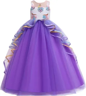 MYRISAM Girl's Unicorn Rainbow Long Tulle Dress Wedding Birthday Princess Carnival Party Performance Dance Pageant Ball Gowns