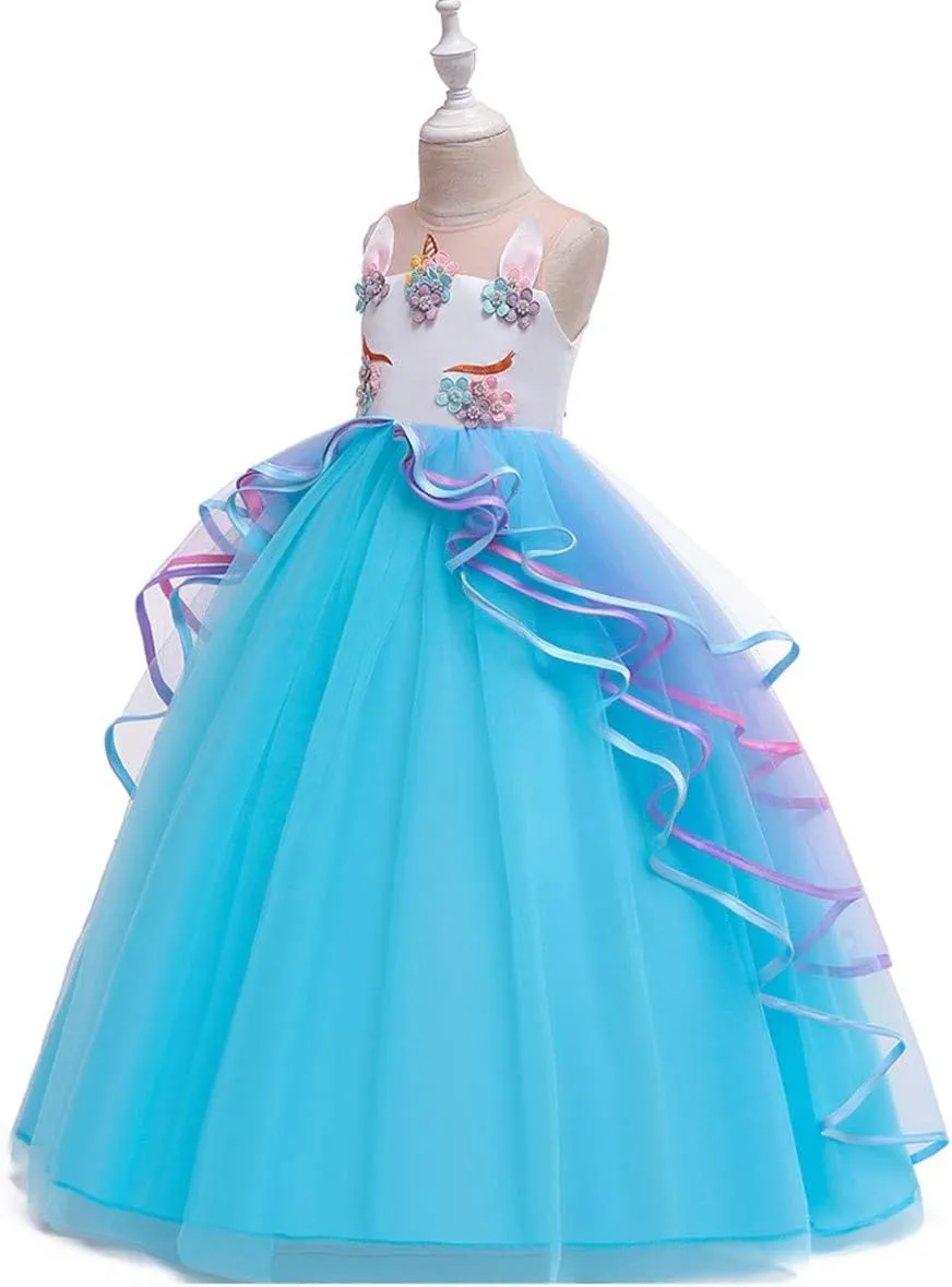 MYRISAM Girl's Unicorn Rainbow Long Tulle Dress Wedding Birthday Princess Carnival Party Performance Dance Pageant Ball Gowns