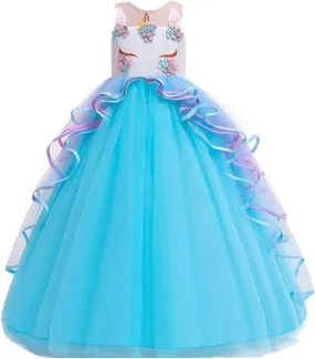 MYRISAM Girl's Unicorn Rainbow Long Tulle Dress Wedding Birthday Princess Carnival Party Performance Dance Pageant Ball Gowns