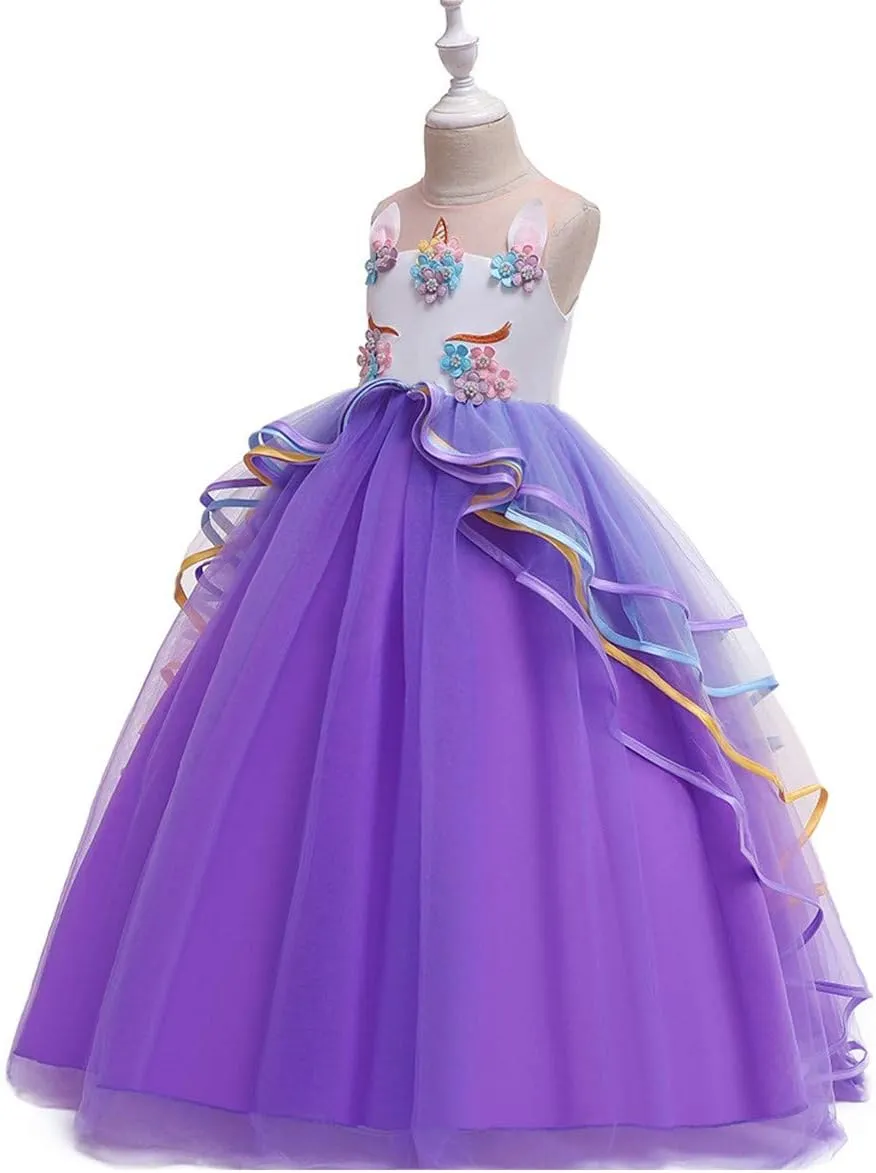 MYRISAM Girl's Unicorn Rainbow Long Tulle Dress Wedding Birthday Princess Carnival Party Performance Dance Pageant Ball Gowns