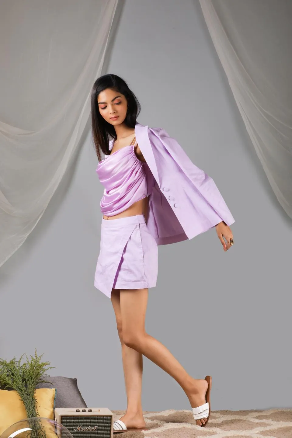 Pastel Lilac Cowl Blouse With Blazer Skort