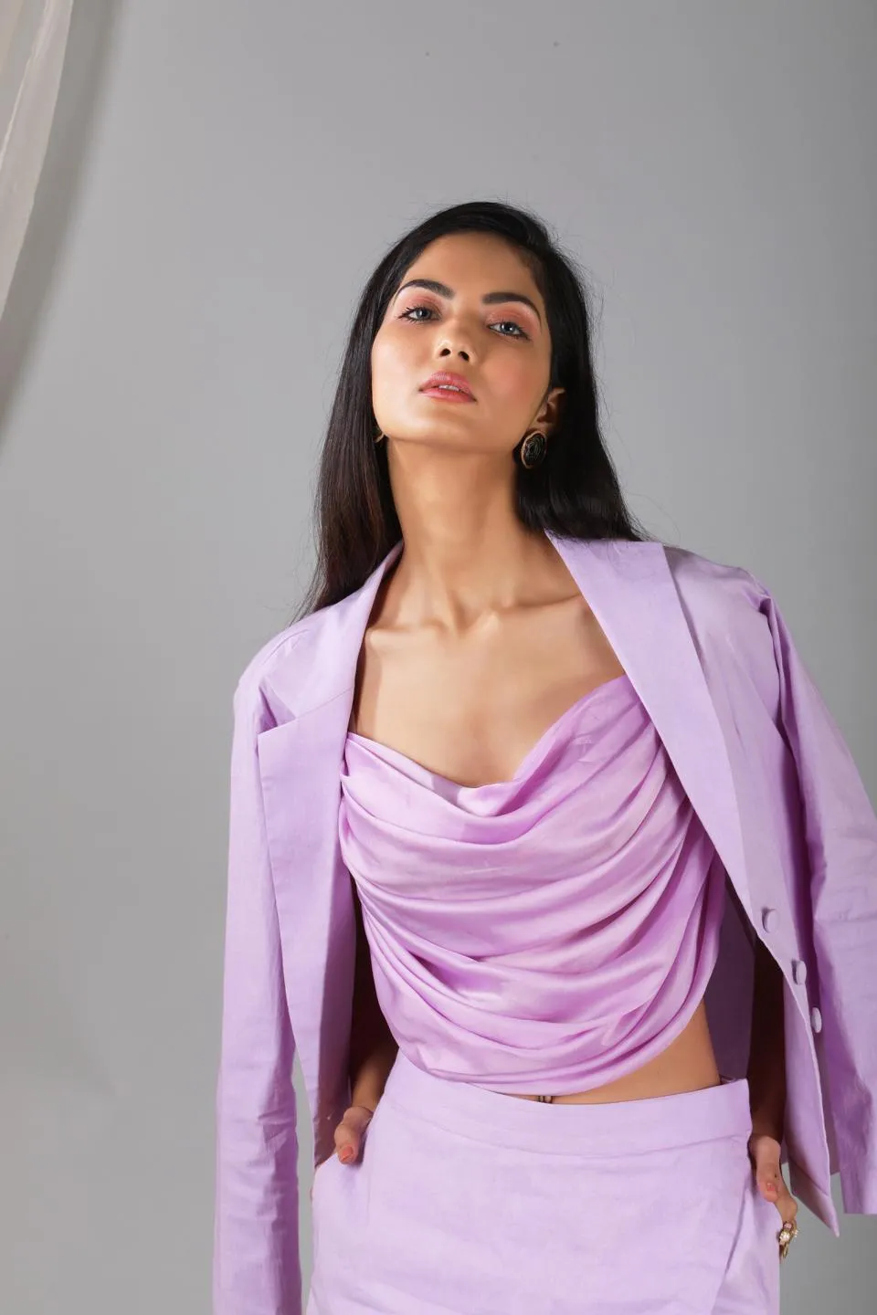 Pastel Lilac Cowl Blouse With Blazer Skort