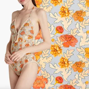 Premium Digital Printed Swimwear Lycra Design-10 Vintage Orange Floral Vines on Blue