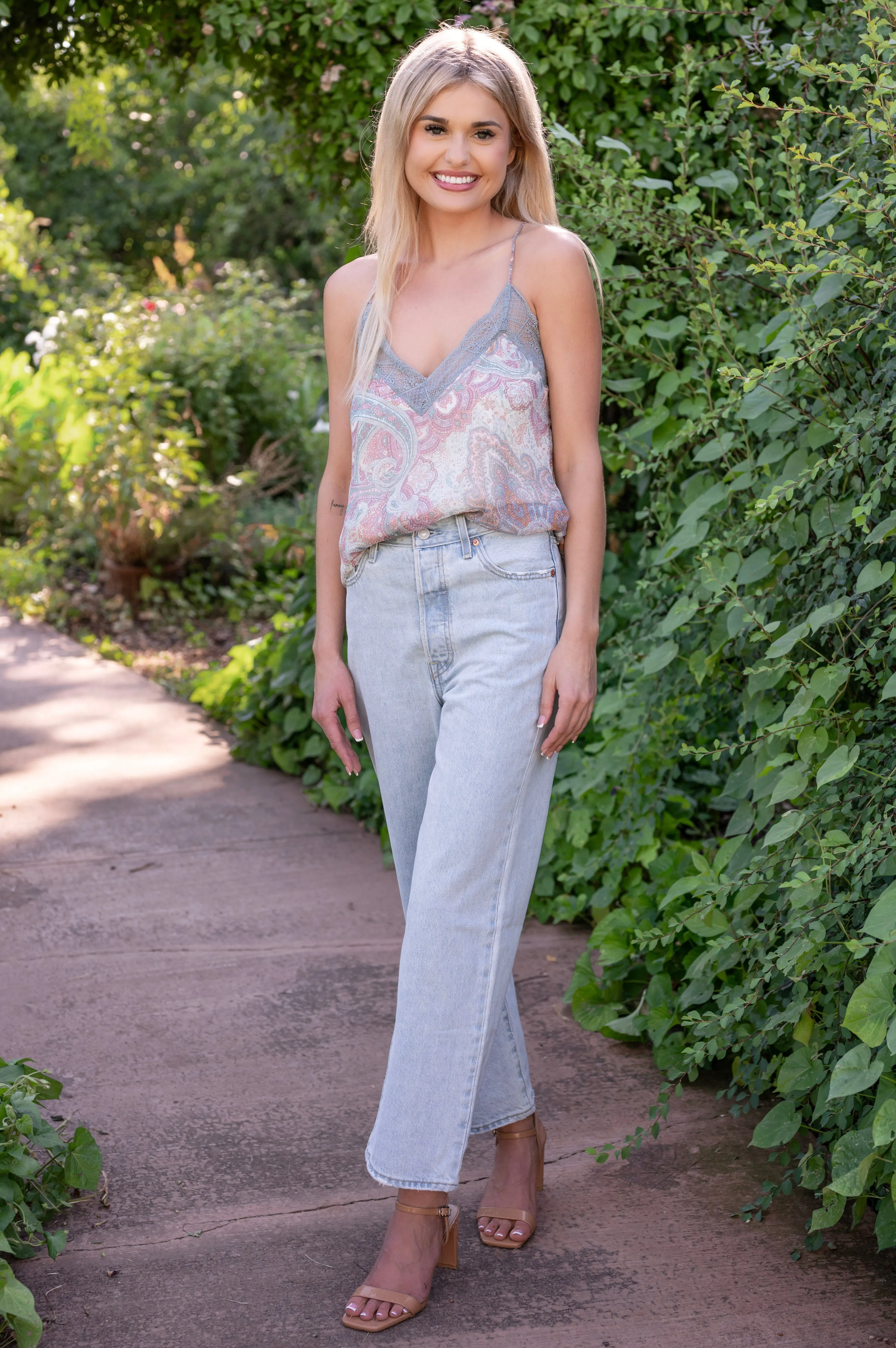 Printed Love Lace Trim Spaghetti Strap Cami