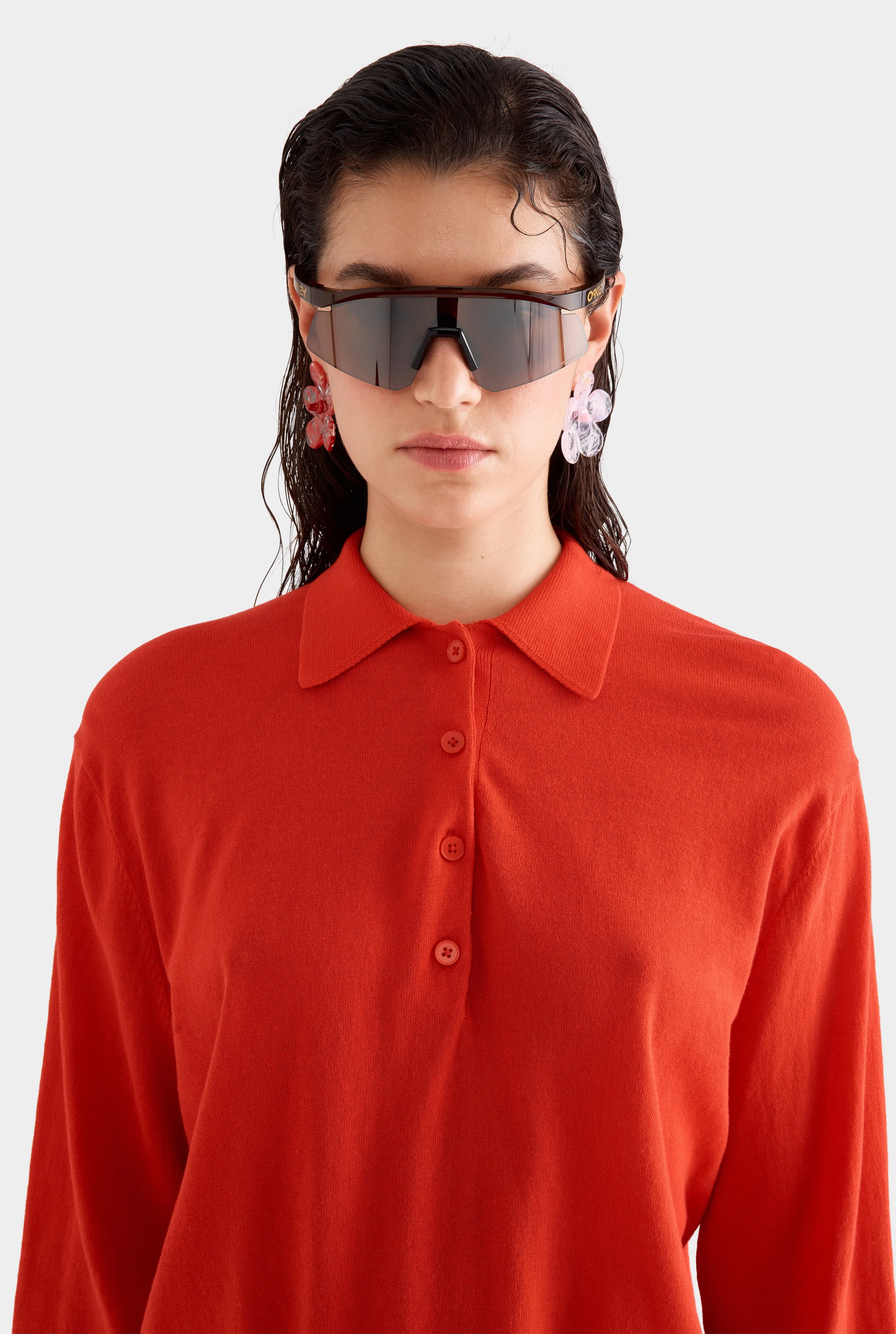 Relaxed Long Sleeve Cotton Knit Polo -  Red