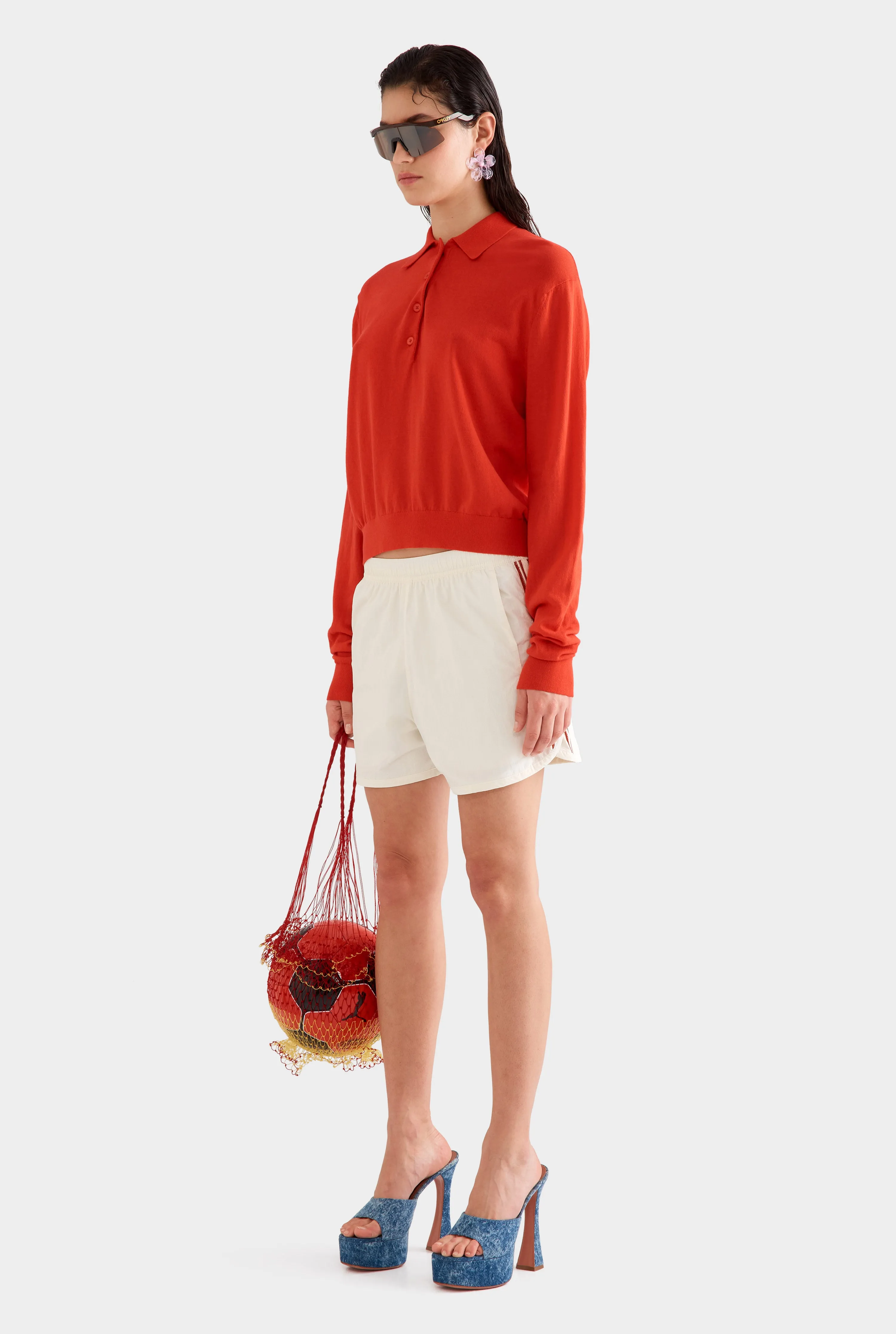 Relaxed Long Sleeve Cotton Knit Polo -  Red