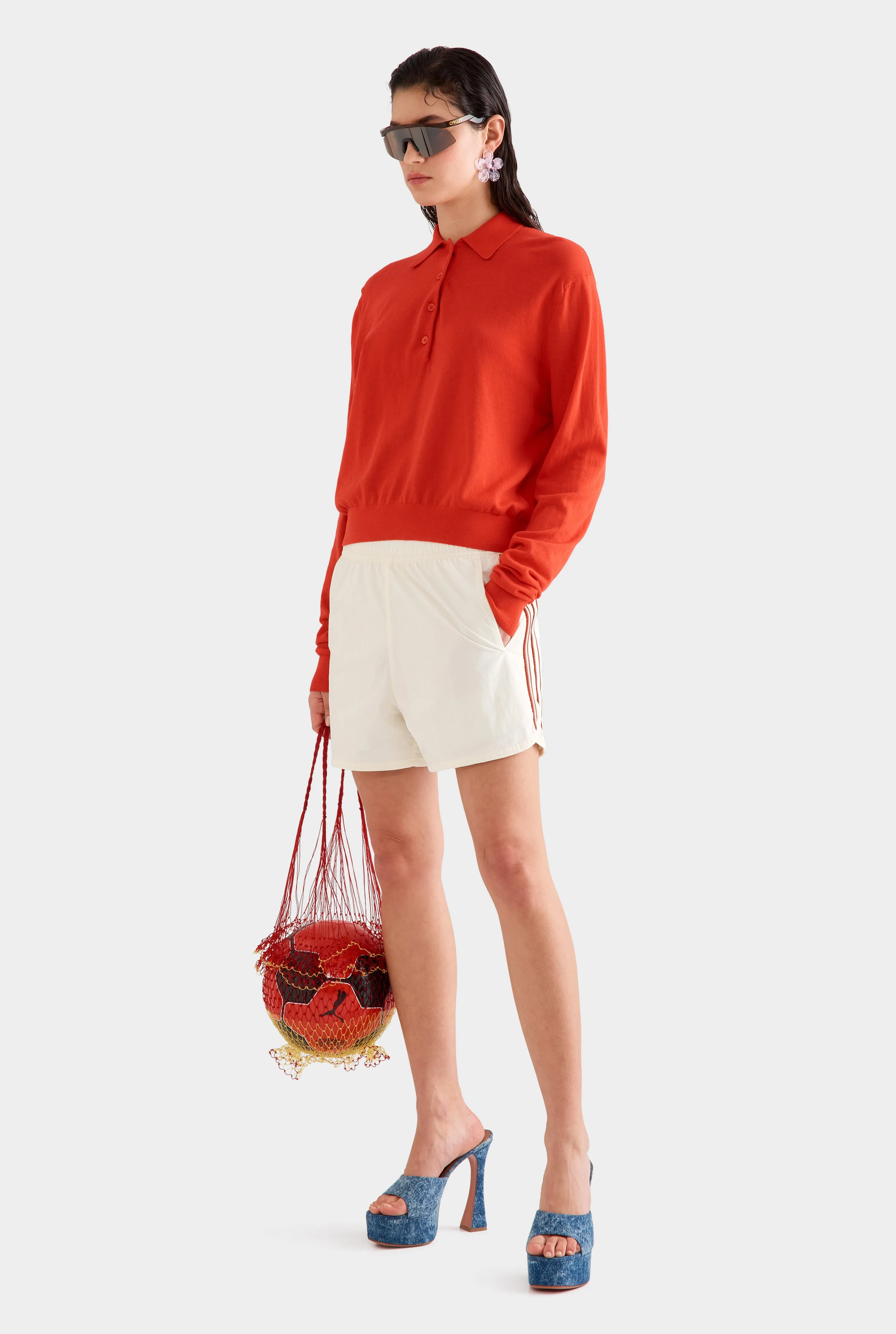 Relaxed Long Sleeve Cotton Knit Polo -  Red
