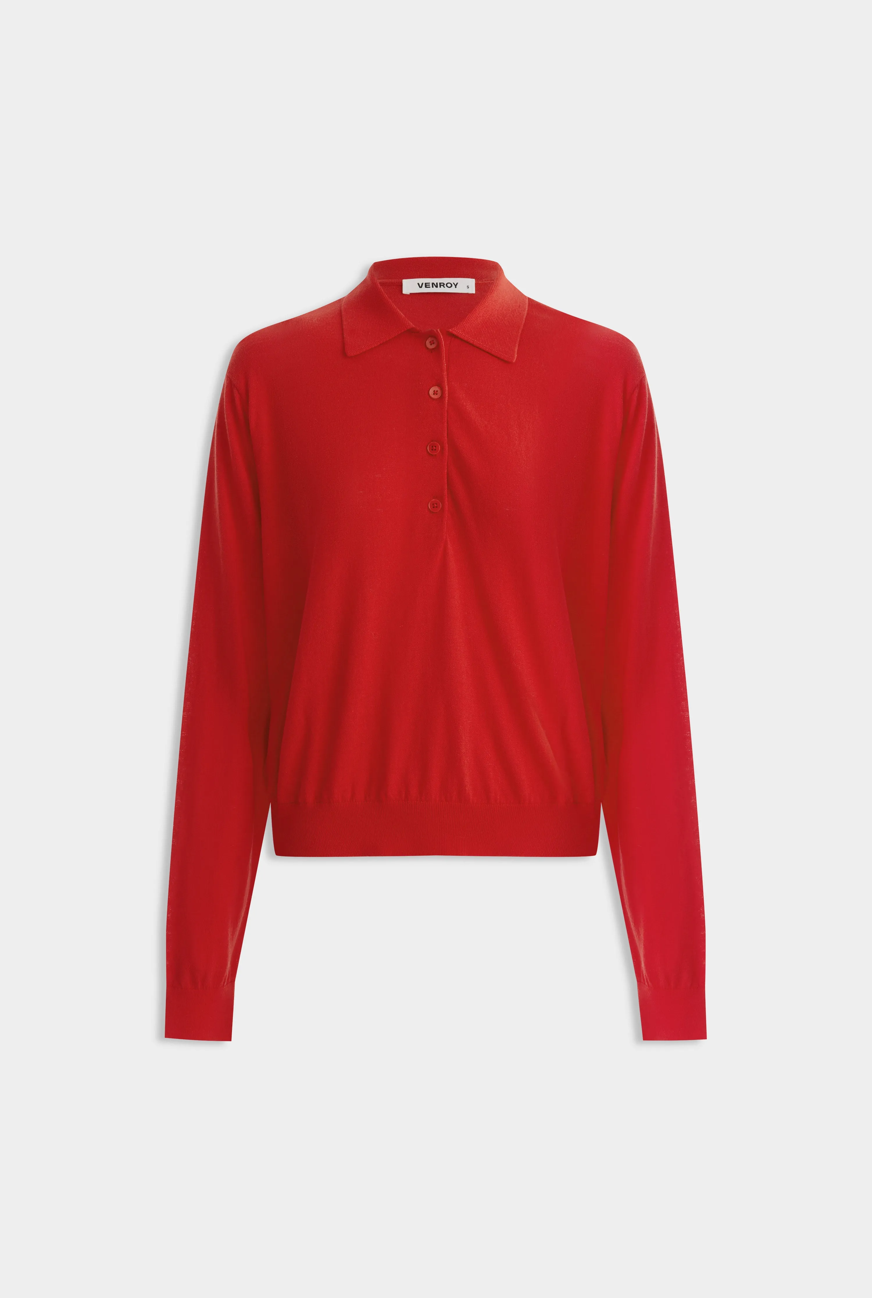 Relaxed Long Sleeve Cotton Knit Polo -  Red