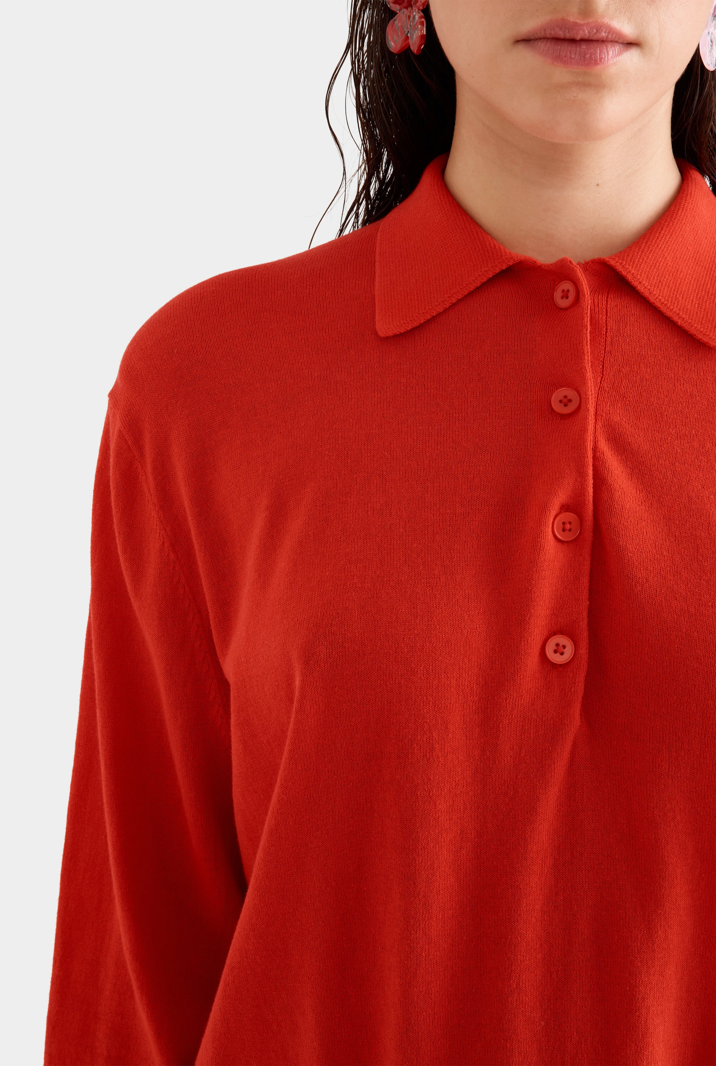 Relaxed Long Sleeve Cotton Knit Polo -  Red