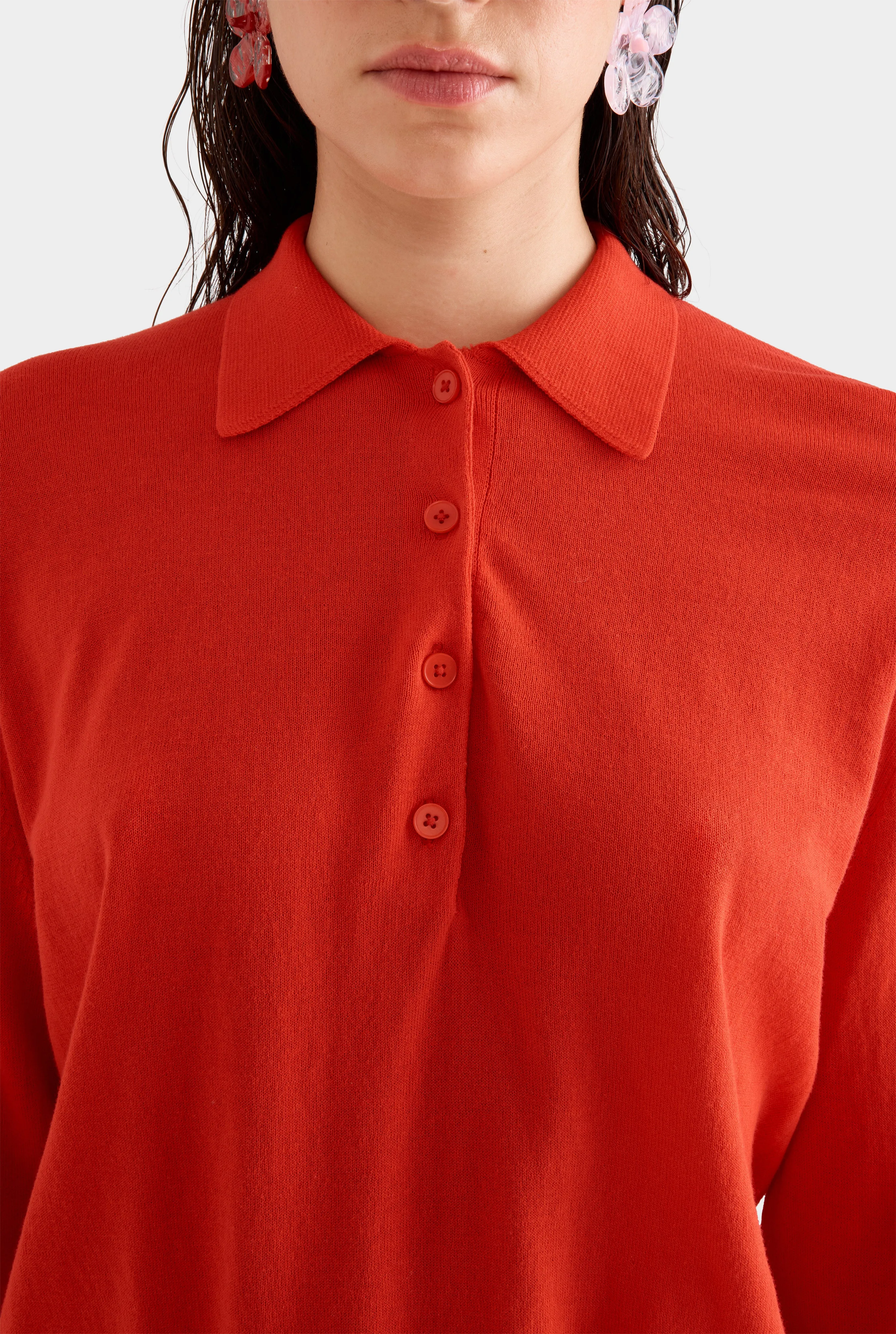 Relaxed Long Sleeve Cotton Knit Polo -  Red