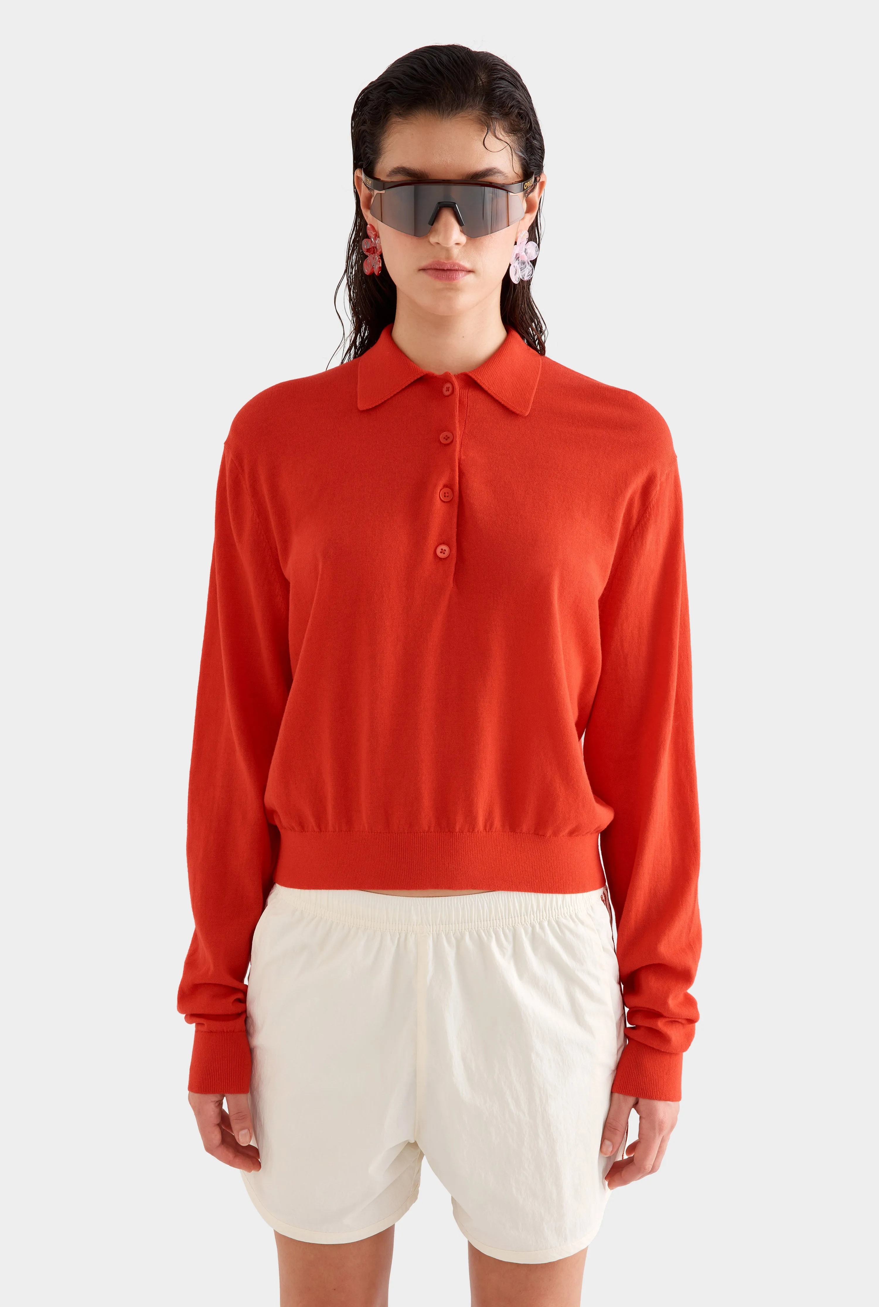Relaxed Long Sleeve Cotton Knit Polo -  Red