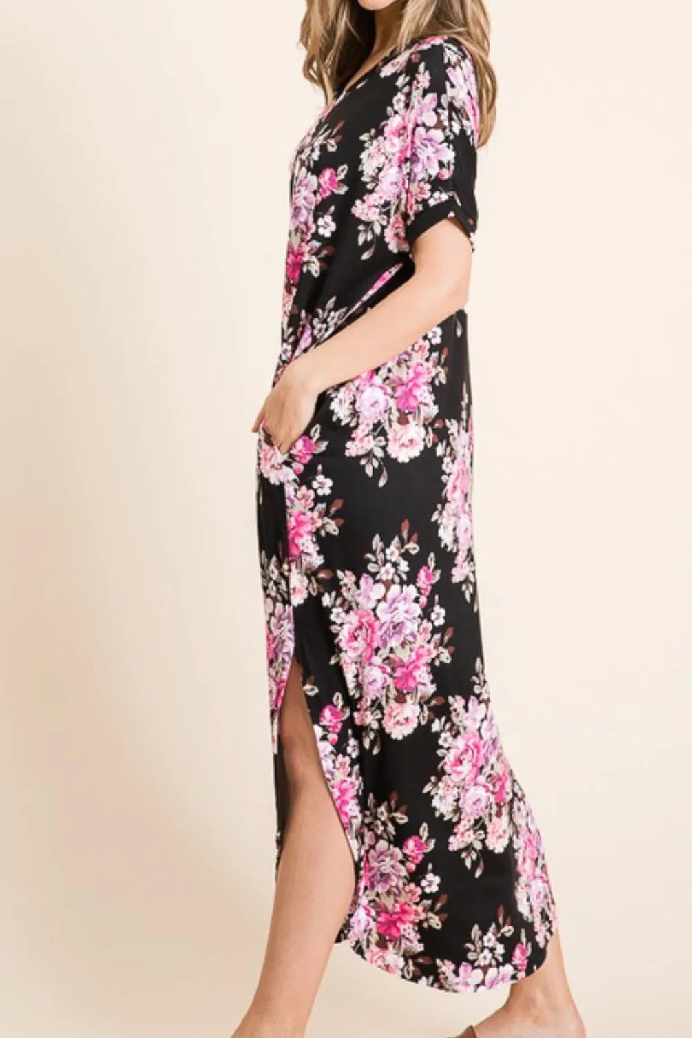 SHORT SLEEVE FLORAL VNECK MAXI