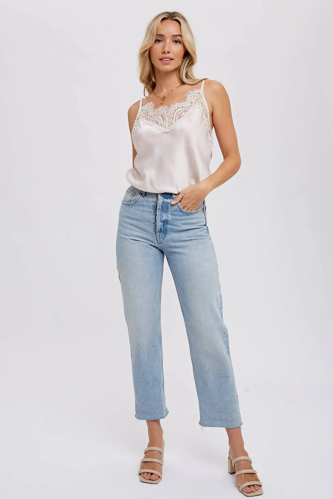 SILKY LACE TRIM CAMISOL:  MUSHROOM