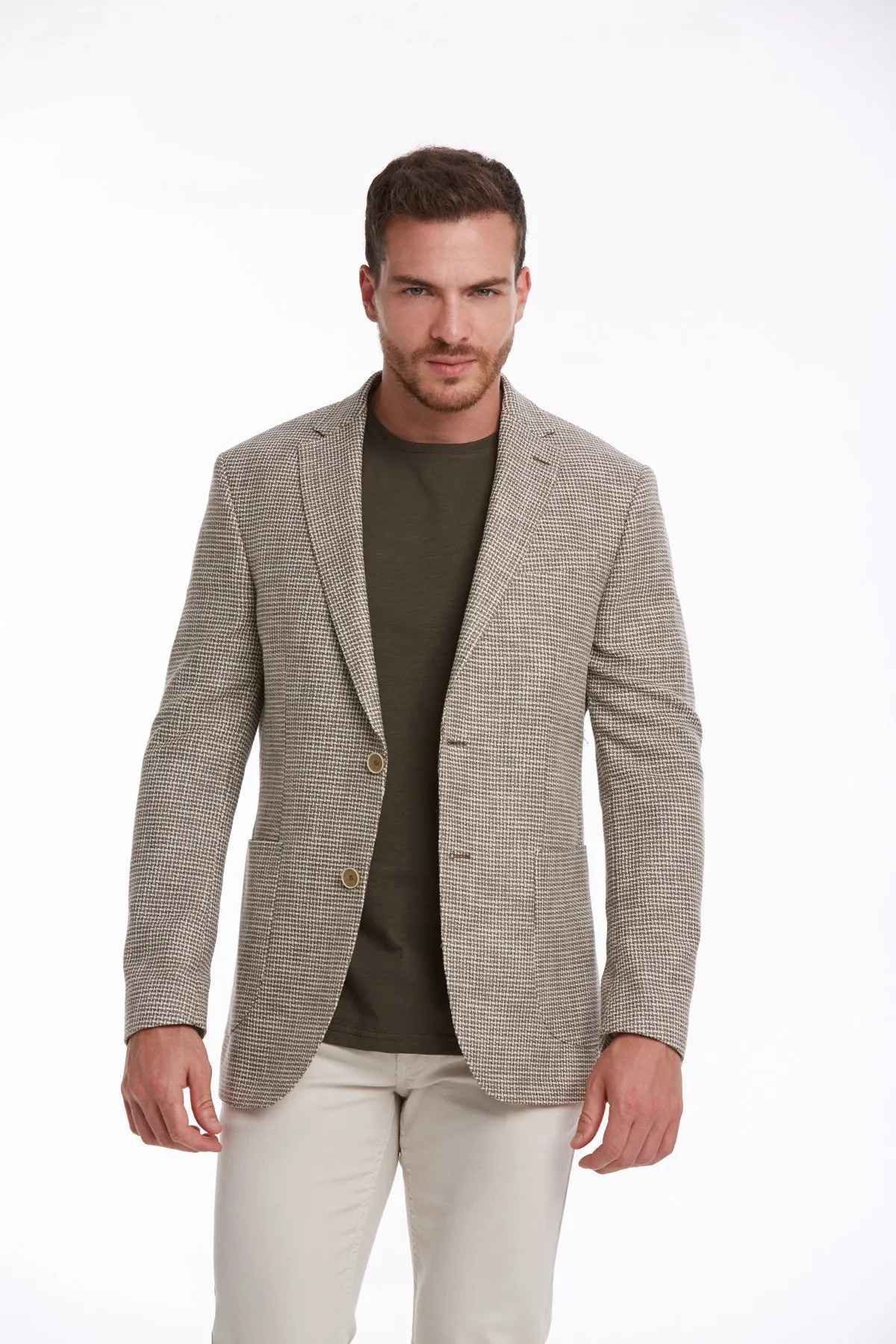 Slim Fit Notch Lapel Patterned Cotton Blend Khaki Classic Blazer, Beige D.