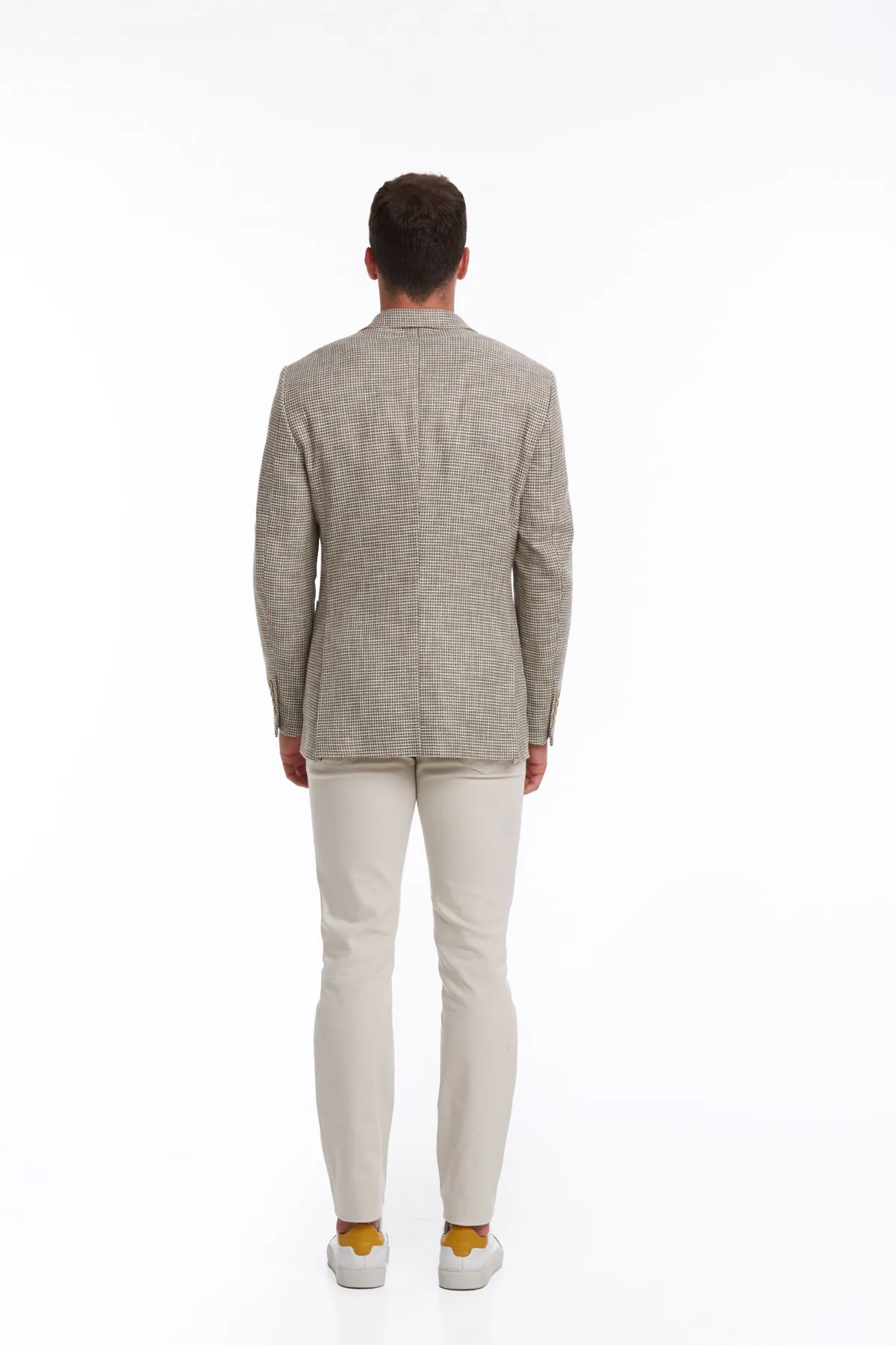 Slim Fit Notch Lapel Patterned Cotton Blend Khaki Classic Blazer, Beige D.