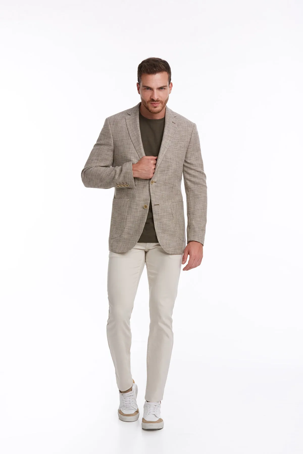 Slim Fit Notch Lapel Patterned Cotton Blend Khaki Classic Blazer, Beige D.